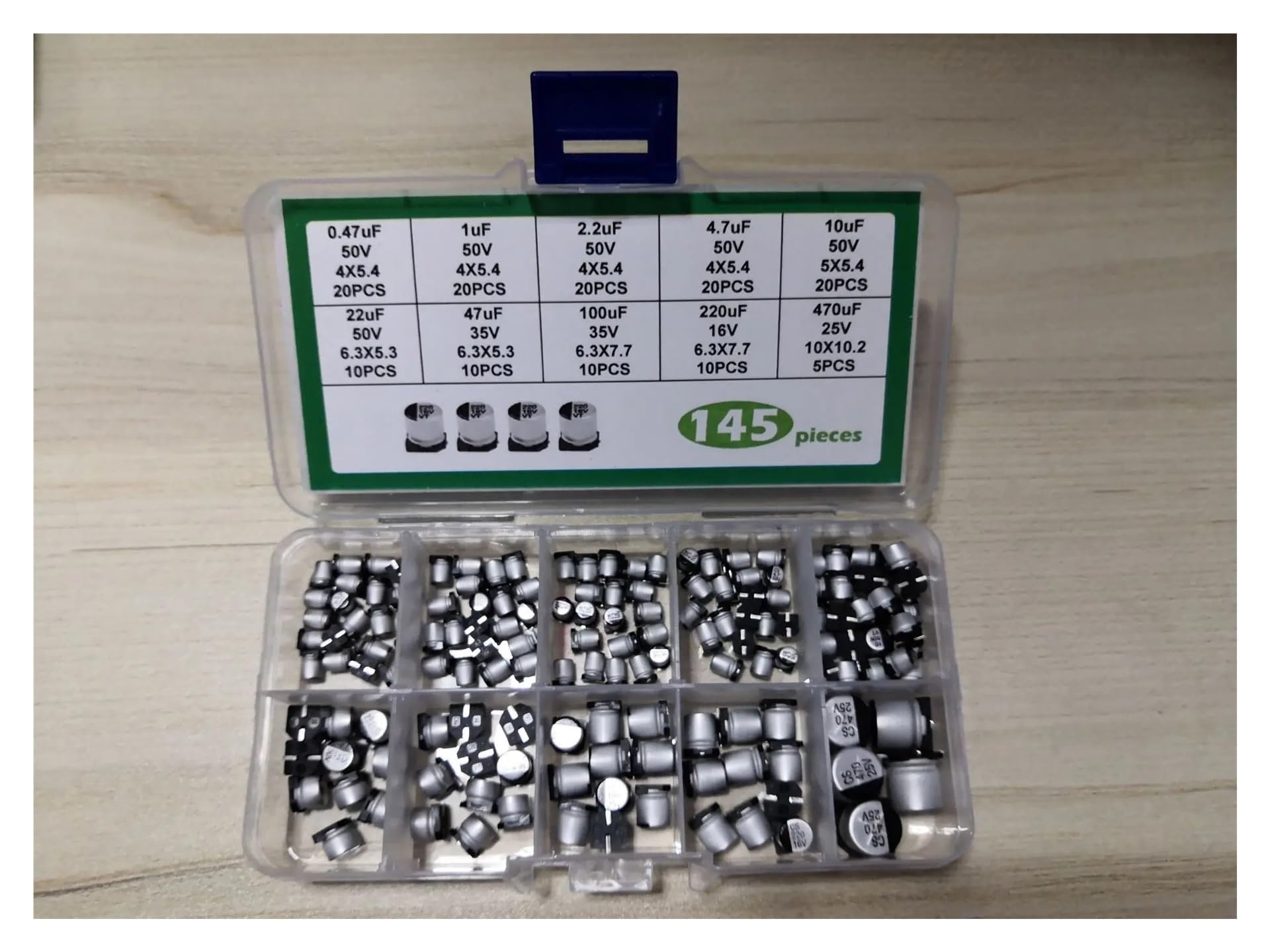 ICXLPMC 145pcs Aluminum Electrolytic Capacitor Kit Mix 10values Box 35V/25V/10V 0.47uf/1uf/2.2uf/4.7uf/10uf/22uf/47uf/100uf/220uf/470uf