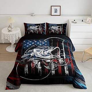 Erosebridal American Flag Fishing Bedding Set Queen Bass Fish Hunting Theme Comforter Retro Fishermen Fishing Rod Comforter Set for Boys Teen Men Big Pike Fish Quilt Duvet Red Blue Black 3 Pcs