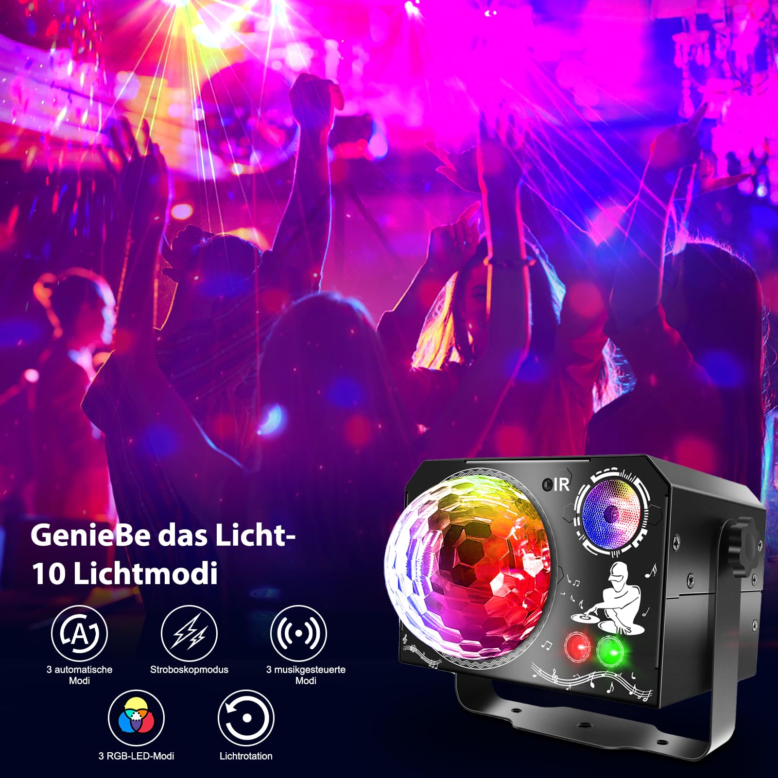 4 in 1 Discokugel, Fwiull DJ Discolicht Partylicht 65 Muster, Musikgesteuert Disco Party Licht, RGB UV Stroboskop, Sprachsteuerte Party Lampe mit 2M USB für Party Fest Klub Halloween Weihnachten