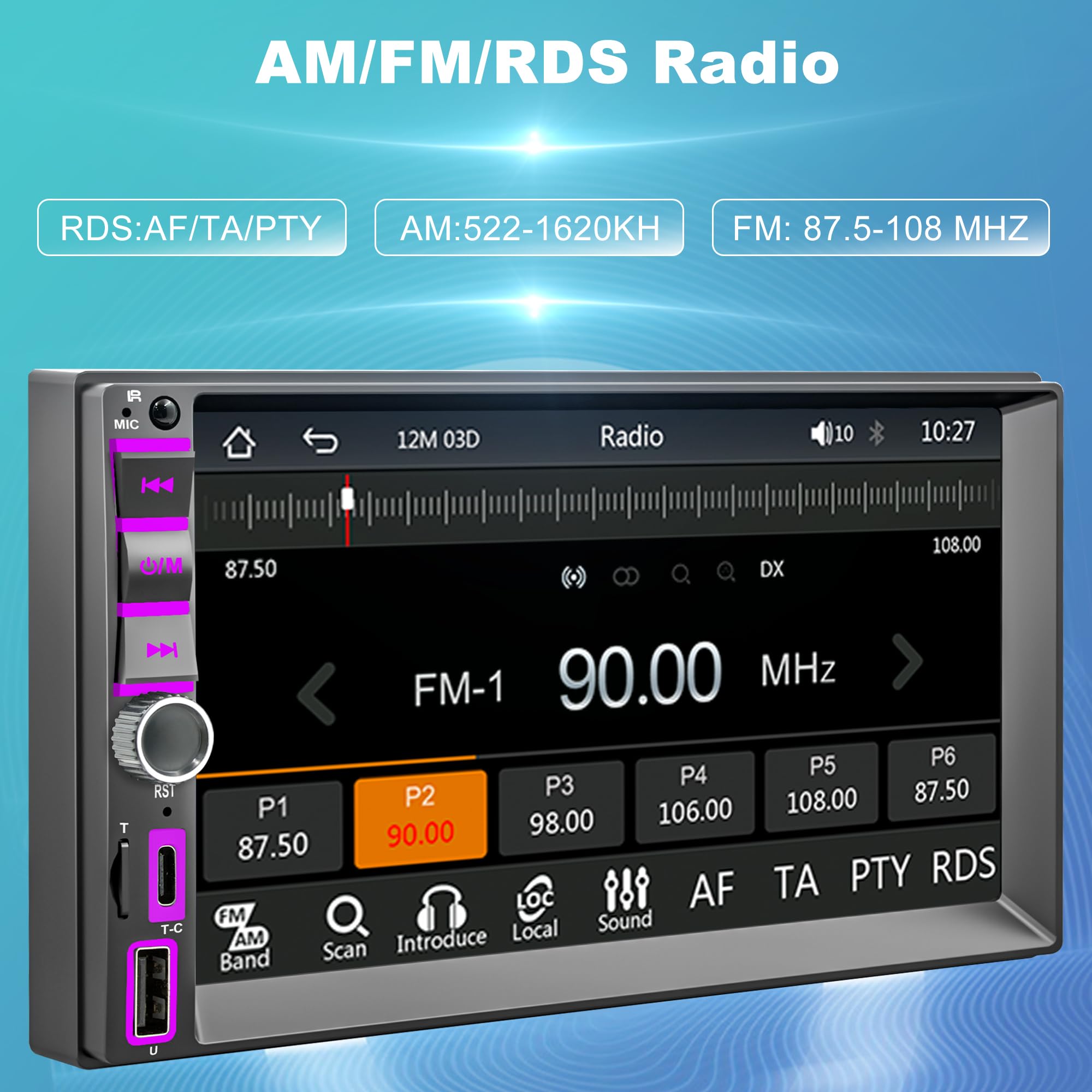 Wireless Autoradio 2 Din Bluetooth Compatibile con CarPlay e Android Auto,2 Din Stereo Bluetooth con Assistente Vocale Schermo HD da 7'' con Backup Camera/Mirror Link/GPS Navi/AM/RDS/FM/USB/SWC/Type-C