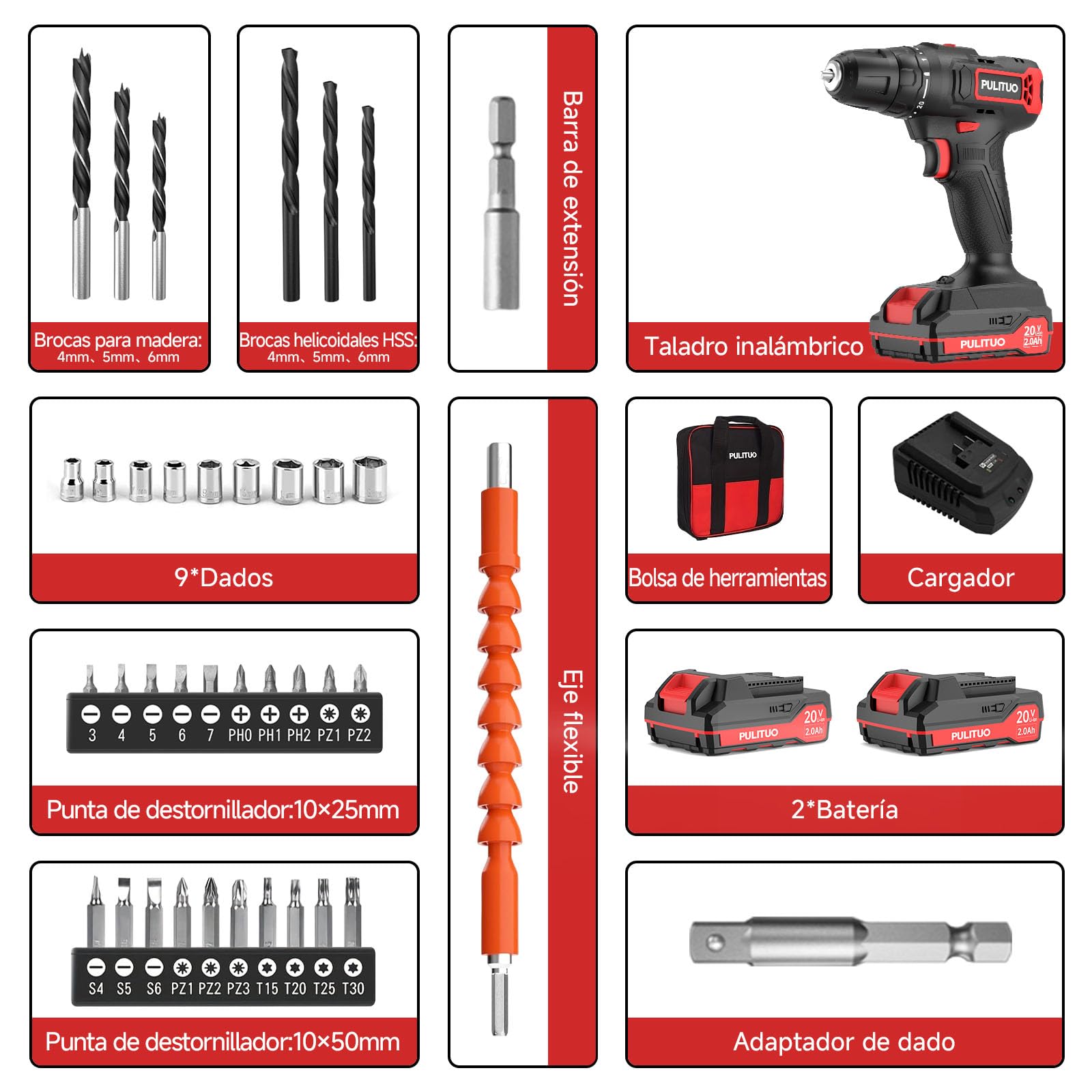 PULITUO 20V Taladro Percutor a Batería, Taladro Atornillador Batería c/ 2x2,0Ah, Portabrocas de 3/8", 2 Velocidades, 21+1 Pares, Con Set de Accesorios de 42 Piezas, Kit de Reparación Doméstica