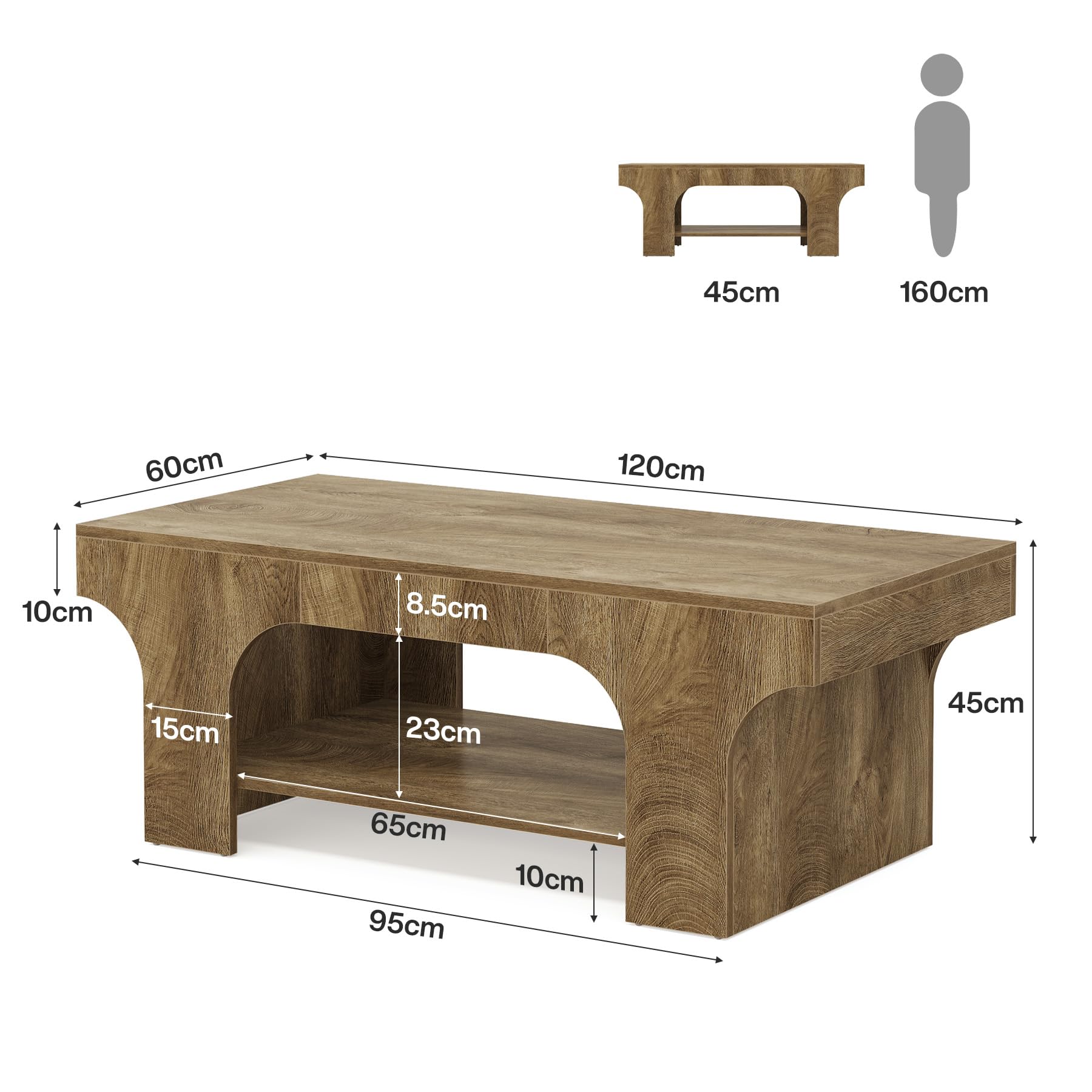 Tribesigns Mesa de Centro 120cm, Mesa Rectangular de 2 Niveles con Almacenamiento, Mesa de Café Estilo Granja de Madera, Mueble Decorativo para Salón, Dormitorio y Oficina en Casa, Marrón