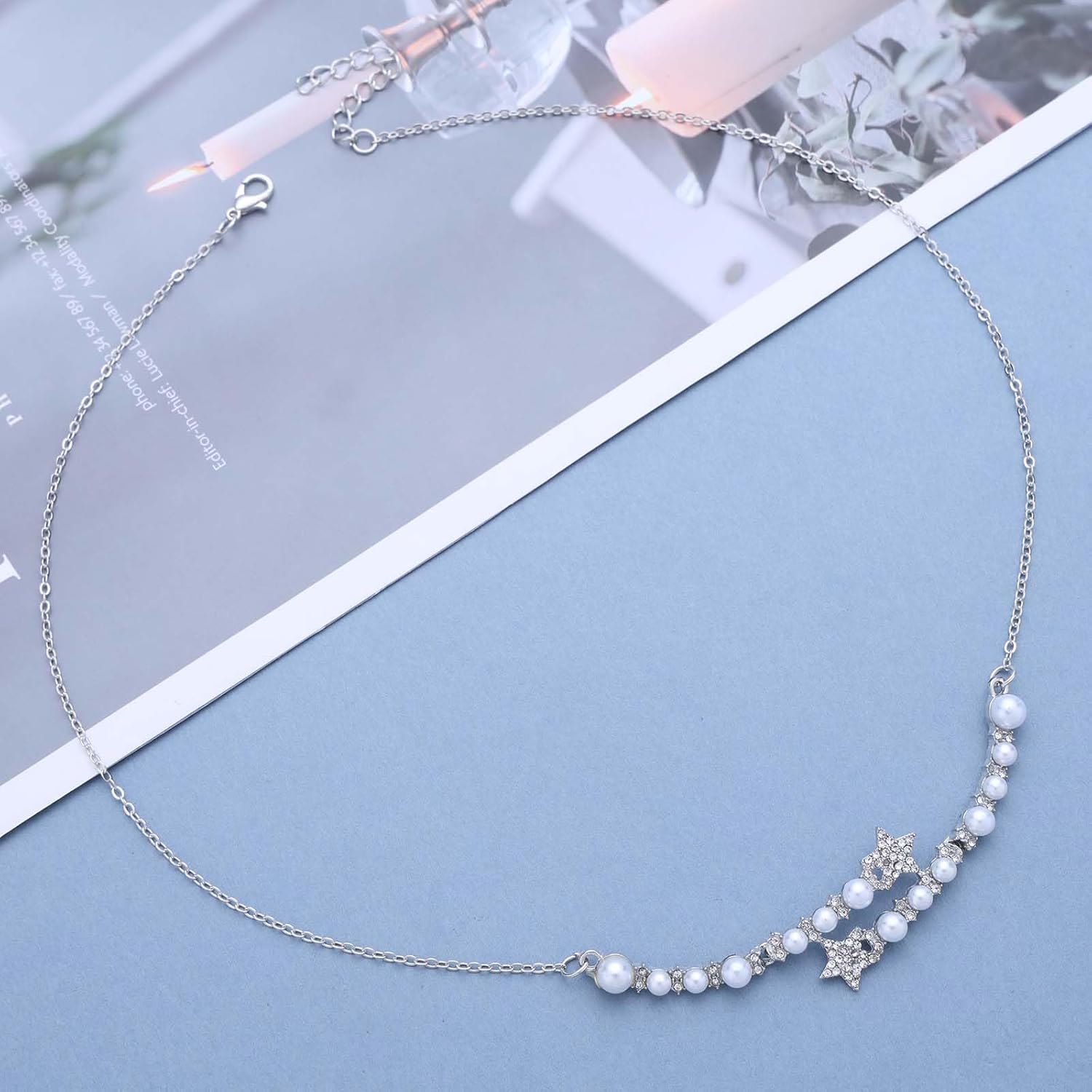 Boho Crystal Pearl Necklace Choker Vintage Pearl Star Choker Necklace Shiny Cz Star Chain Necklace Wedding Bridal Pearl Chain Necklace for Women - Image 3