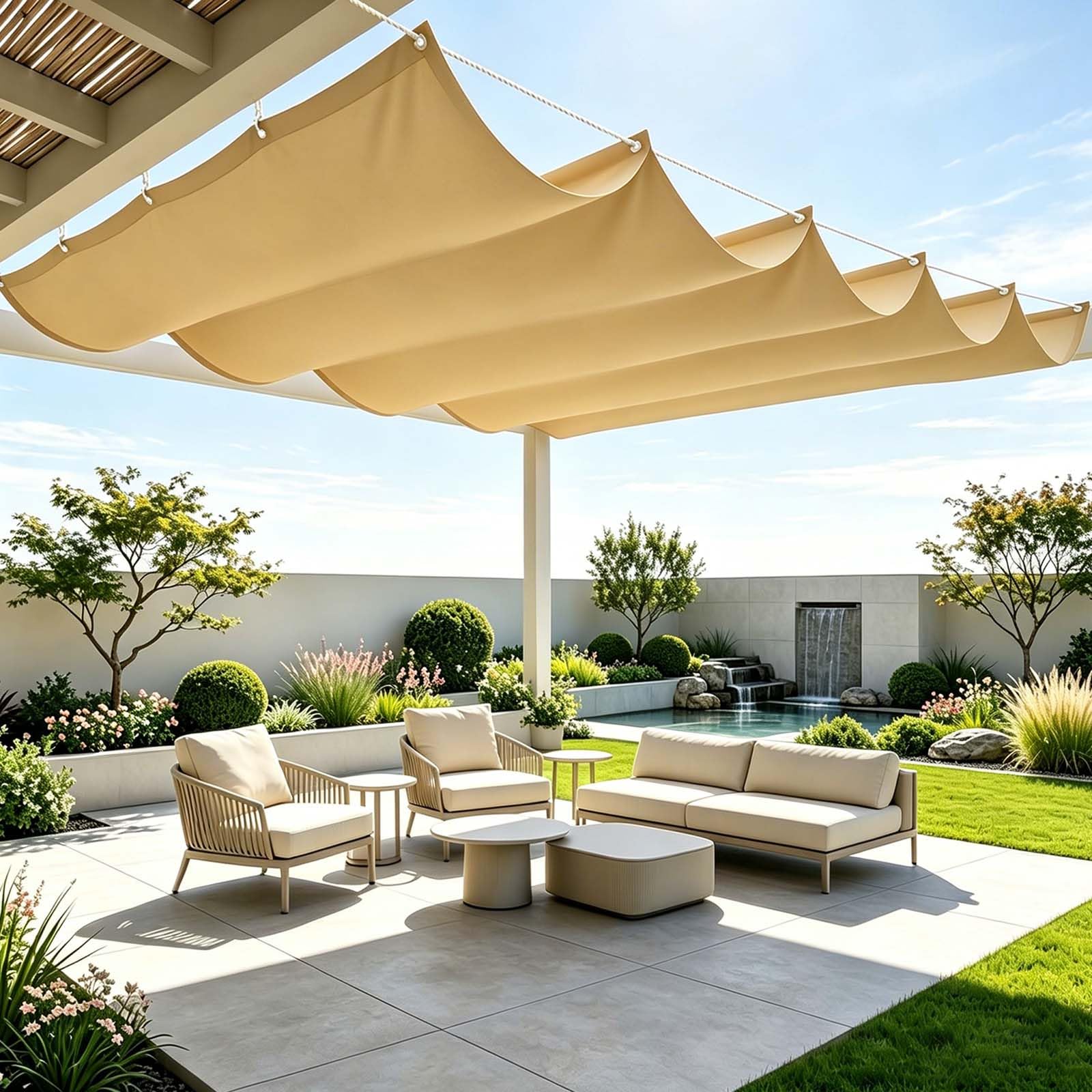 Vela Ombreggianti Onda Retrattile 210 x 1100 cm Protezione Solare Schermo UV con Funi di Tensione Tenda a Vela Parasole Copertura Ombreggiante Gazebo per Piscinae Terrazza, Giallo sabbia