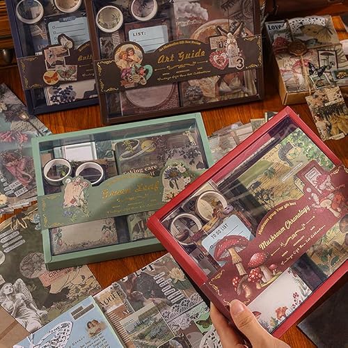 ETANULPEX 125 szt. Zestaw do scrapbookingu Vintage Scrapbooking Supplies Kit DIY Vintage A6 Pamiętnik Album Vintage Notebook Retro Pudełko prezentowe z naklejkami i taśmą Art Tutorial/799