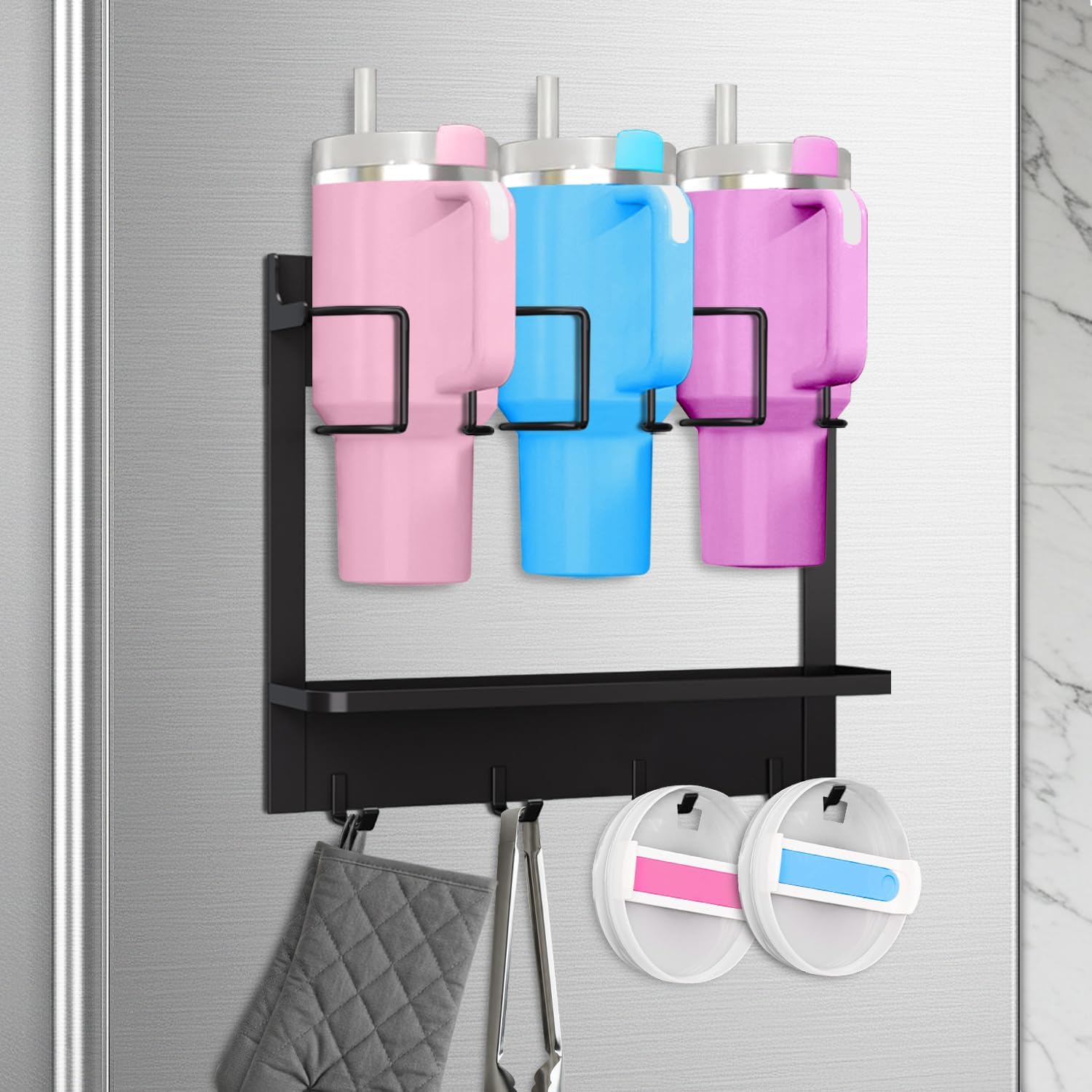 Water Bottle Organizer for Stanley Cup Accessories 20/30/40 oz, Fridge Magnetic and Wall Mount Tumbler Holder Organizer, Kitchen Water Bottle Storage Rack (Black, 3 Cup) Black 3 Capacity