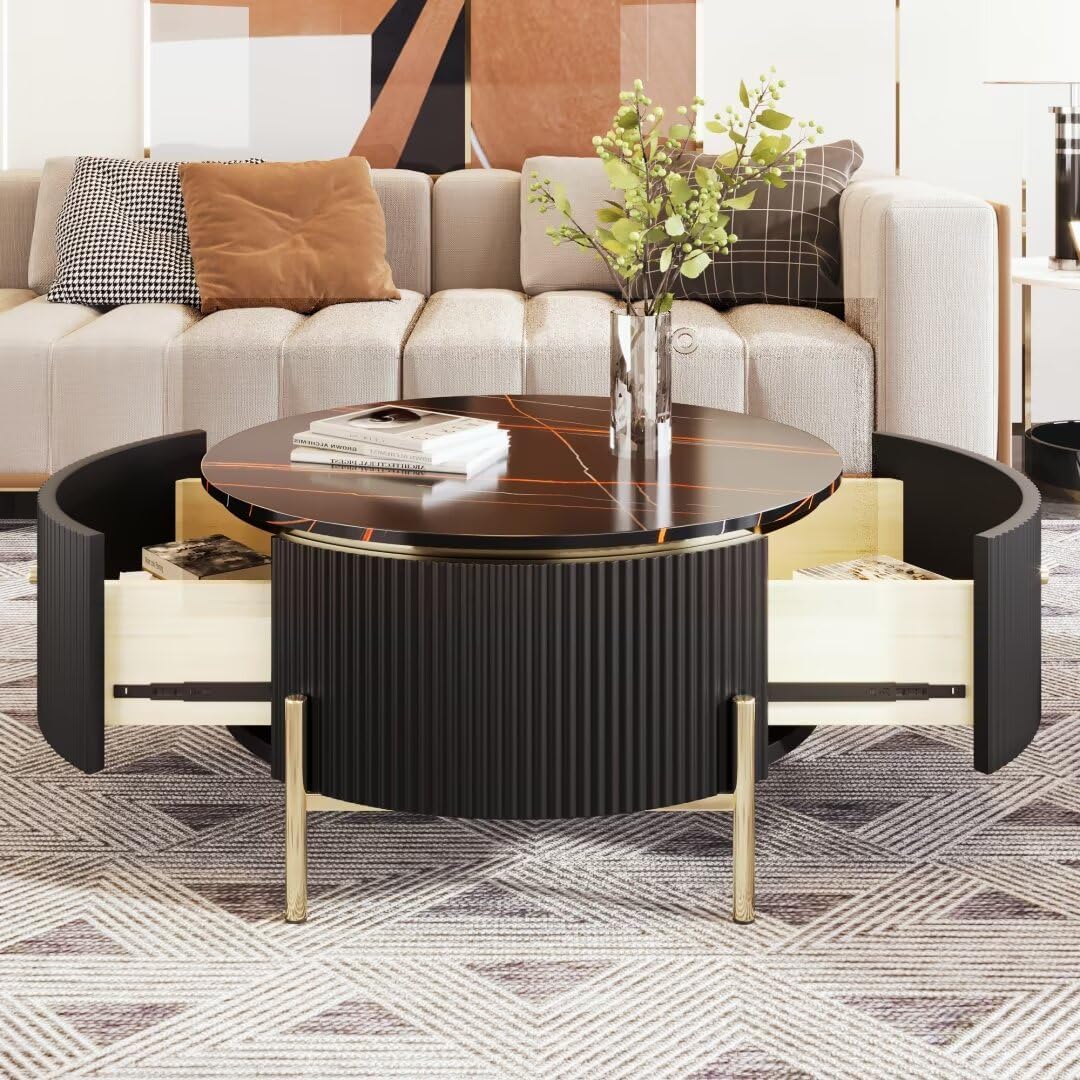 31.5 Round Coffee Table with 2 Large Drawers Storage Modern Exquisite Marble Pattern Golden Legs for Elegance Living Room, Black