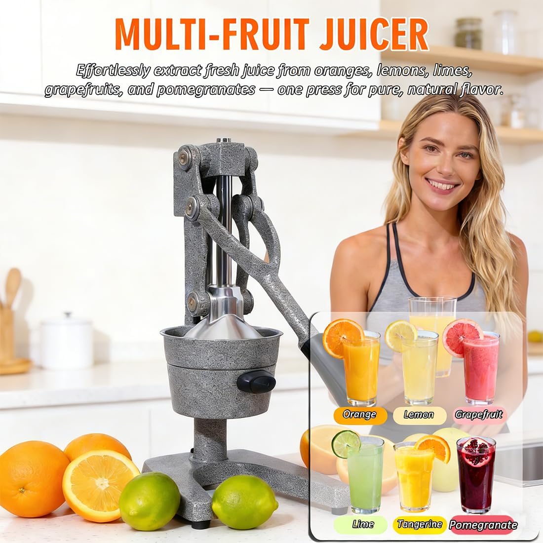 Cast Iron Juicer Hand Press, High Yield Manuel Juicer Squeezer, Easy to Clean Manual Citrus Juicer, Fast & Drip-Free Squeezing for Oranges, Lemons, Limes, Home Kitchen Essential (Black)