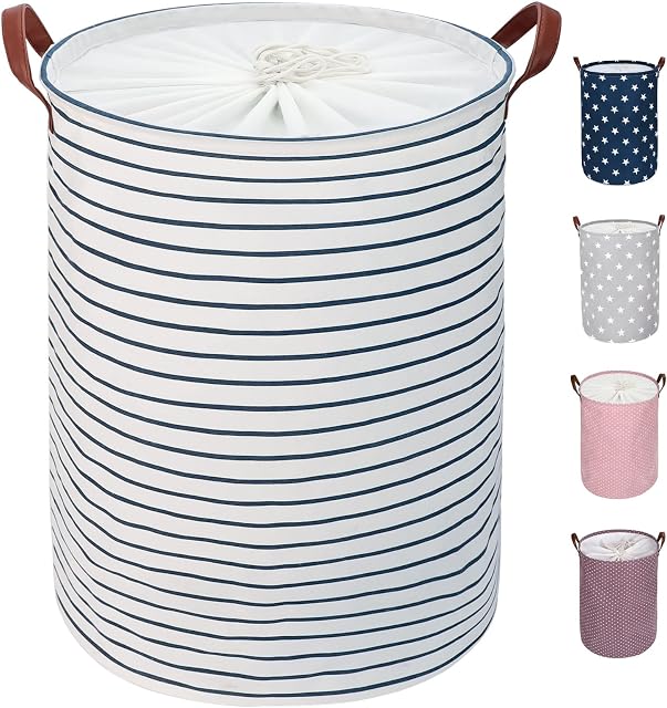 DOKEHOM 18-Inches Freestanding Laundry Basket with Lid, Collapsible Large Drawstring Clothes Hamper Storage with Leather Handle (Blue Stripe, M)