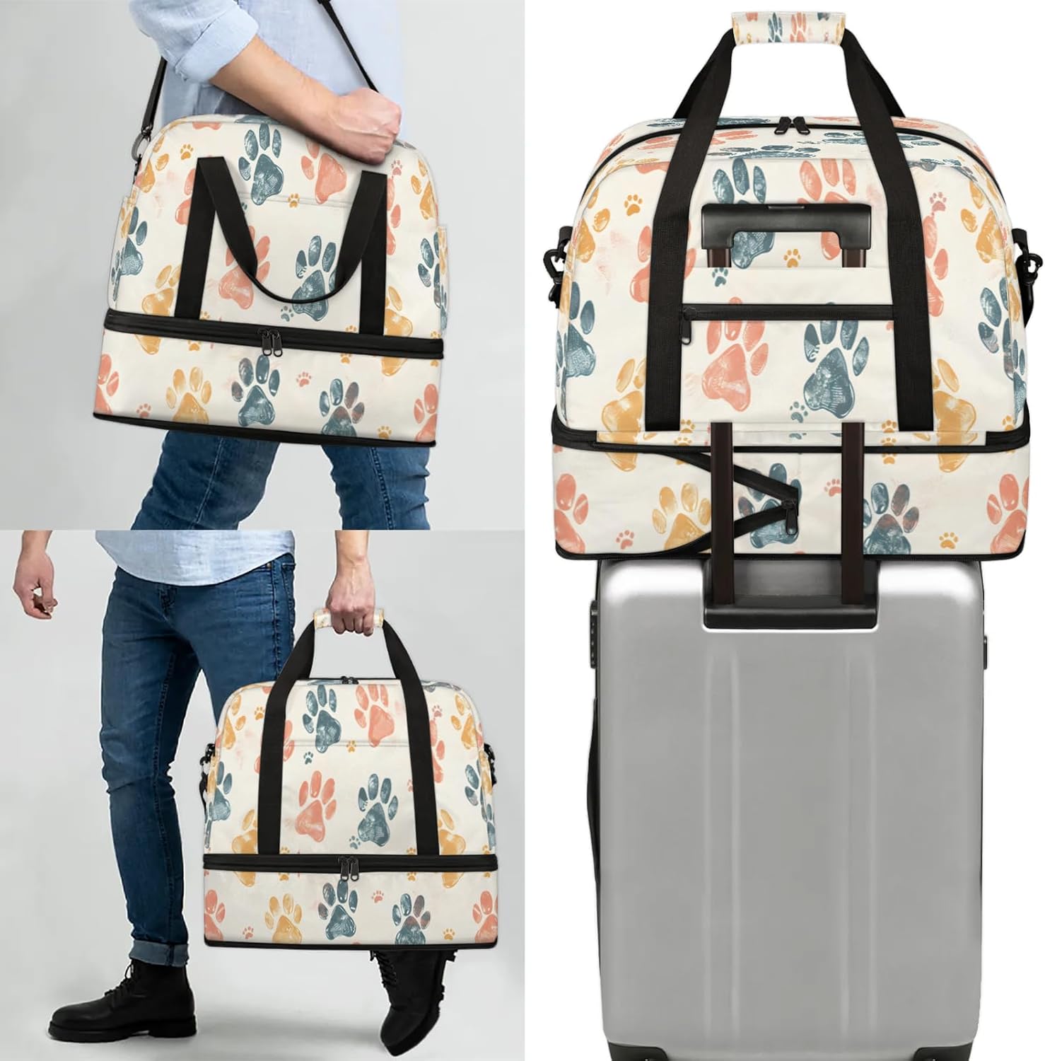 Paw Print Colorful Cute Travel Duffel Bags for Women & Men Large Sports Gym Bags Foldie Weekender Overnight Bag Carry On Tote Bag With Shoe Compartment Personal Item Bag for Travel Sports Gym