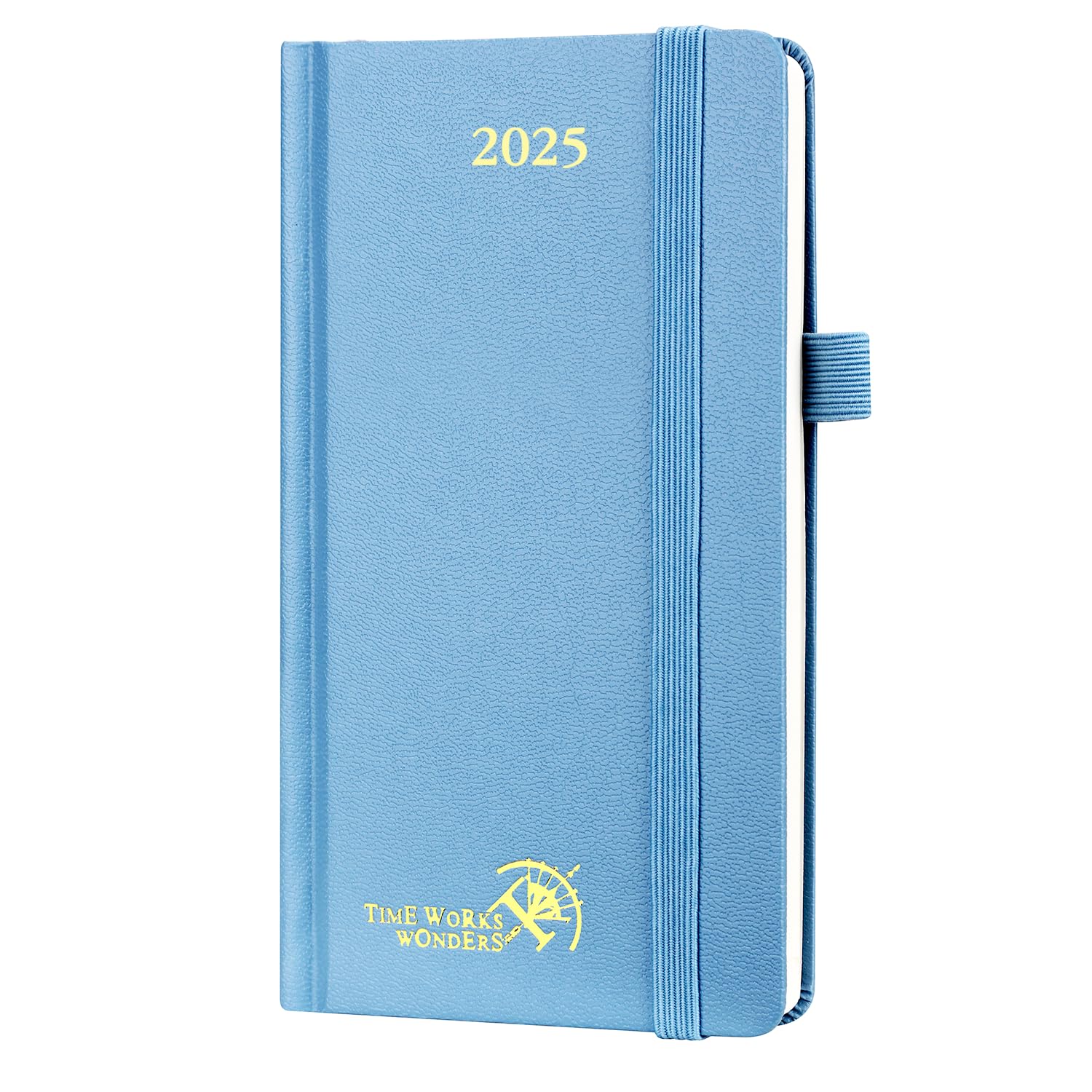 POPRUN Agenda 2025 Semana Vista Pequeña de Bolsillo 16,5 x 9 cm, Tapa Dura en Planificador Semana Vista 12 Meses de Ene 2025 - Dic 2025, Banda elástica, Papel Certificado FSC® 80 GSM, Azul Neblina