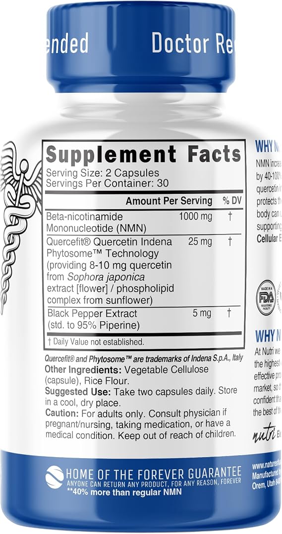 NMN Supplement 1000mg NAD Supplement - Nutri Ultra High Absorption Stabilized NMN Nicotinamide Mononucleotide, 40% More NAD+ with Quercetin Phytosome & Black Pepper - mnm supplement (60 Capsules)