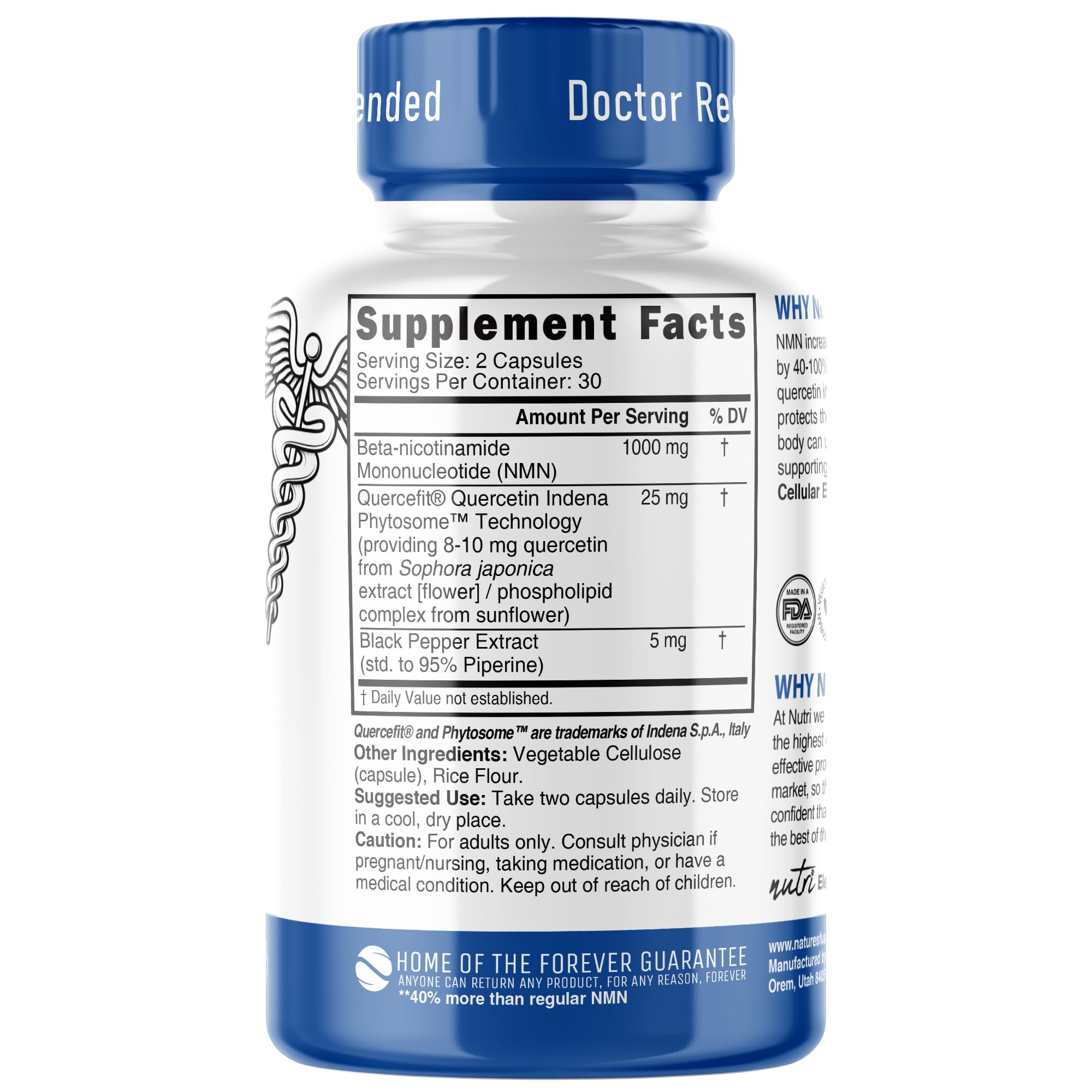 NMN Supplement 1000mg NAD Supplement - Nutri Ultra High Absorption Stabilized NMN Nicotinamide Mononucleotide, 40% More NAD+ with Quercetin Phytosome & Black Pepper - mnm supplement (60 Capsules)