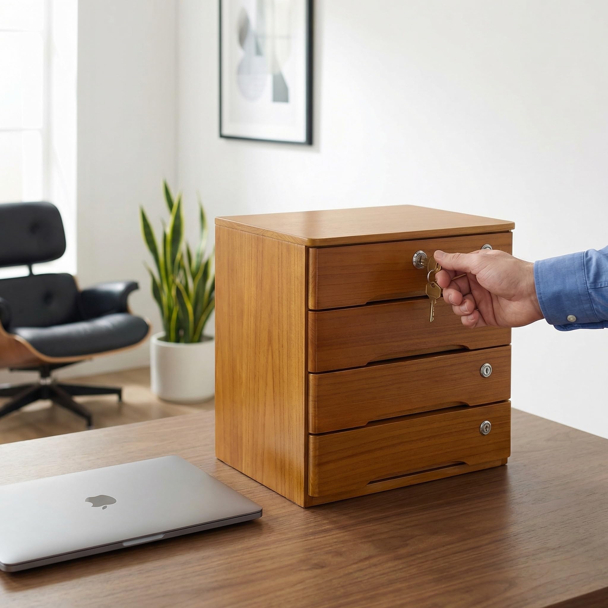 Organizer da Scrivania in Legno A 4 Ripiani con Serratura per Articoli da Ufficio, Gioielli E Accessori - Elegante Mobiletto Portaoggetti da Scrivania per Casa E Ufficio