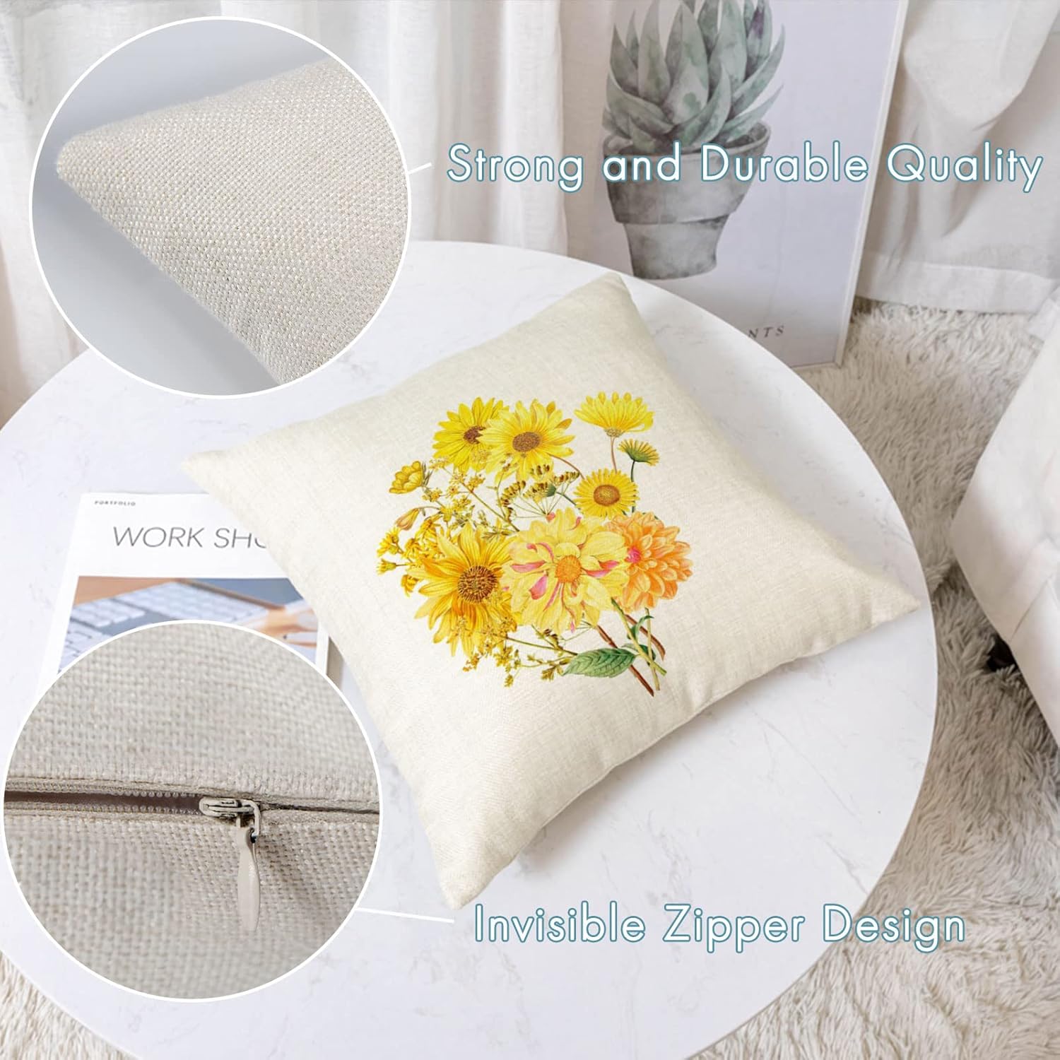 YeeJu Set of 4 Sunflower Decorative Throw Pillow Covers Square Cotton Linen Summer Cushion Covers Floral Plant Outdoor Couch Sofa Home Pillow Cases 20x20 Inch