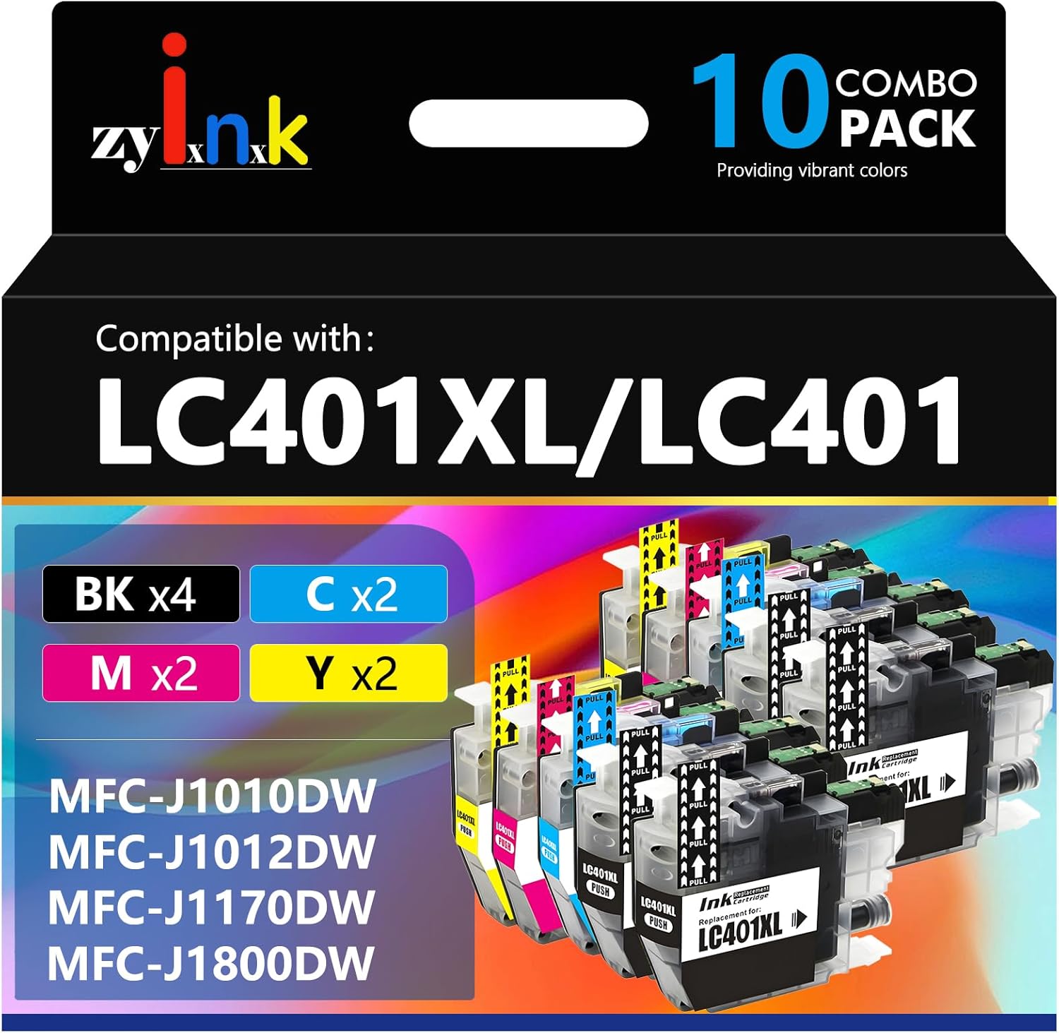LC401XL Ink Cartridges Compatible with Brother LC401 XL, 10 Pack High Yield Replacement Ink for MFC-J1010DW MFC-J1012DW MFC-J1170DW MFC-J1800DW Printers, 4BK/2C/2M/2Y