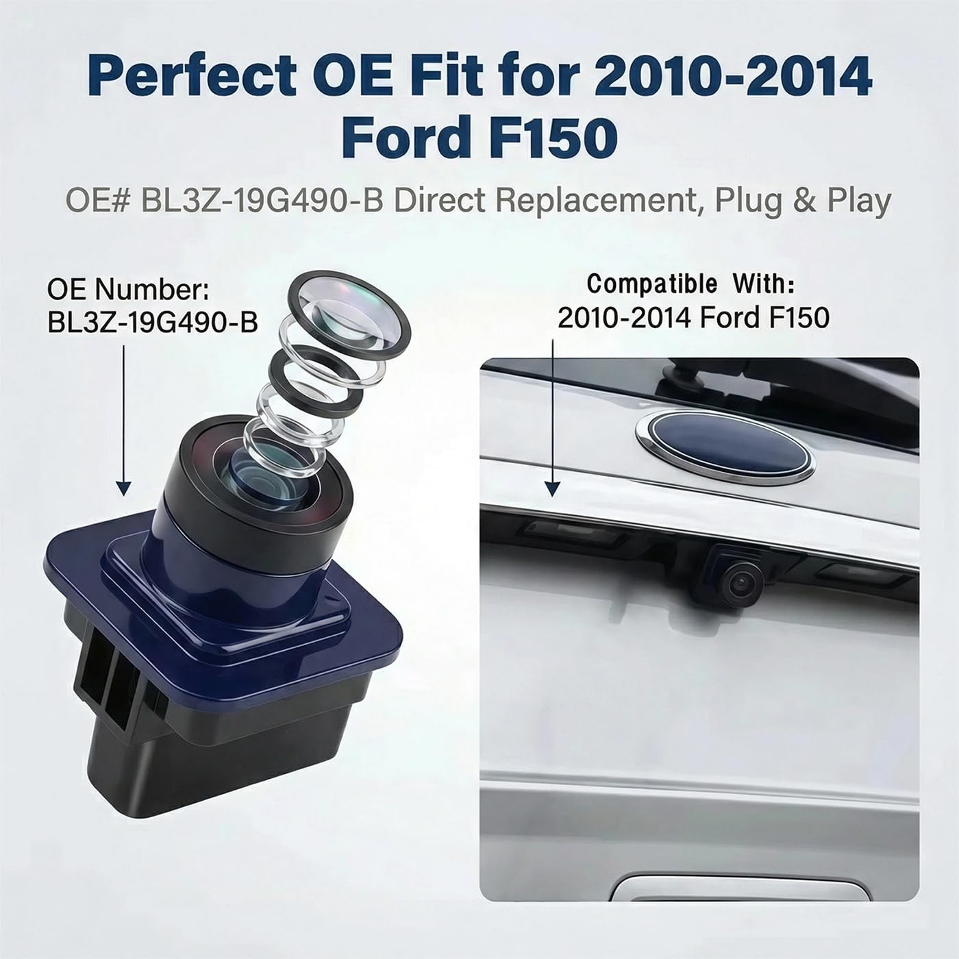 Rear View Backup Camera Replacement Compatible with 2010-2014 Ford F150, Replaces OEM BL3Z-19G490-B EL3Z-19G490-D Plug and Play Reverse Camera