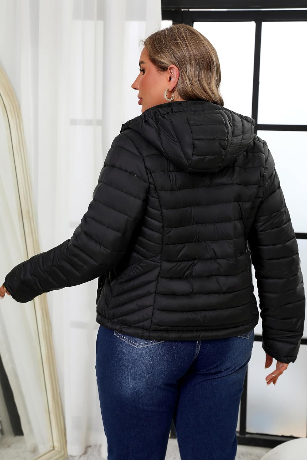 Geschallino Women's Plus Size Puffer Jacket Short Lightweight Hooded Coat - Image 3