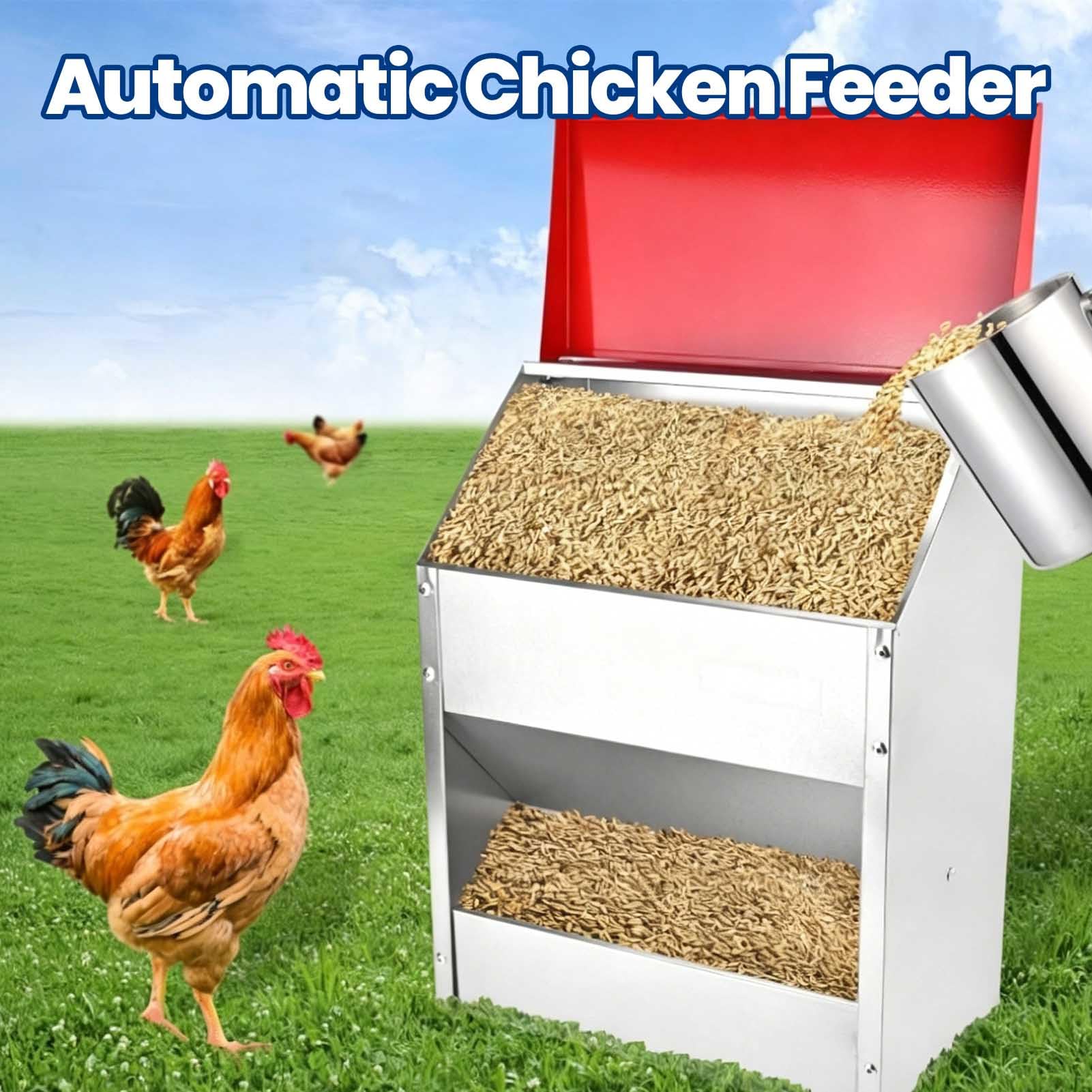 Garsent Alimentador de Pollos Galvanizado para Montaje en Pared, Dispensador Automático de Alimento para Aves de Corral Resistente a la Intemperie, 10 Libras, con Tapa para Gallinero Exterior