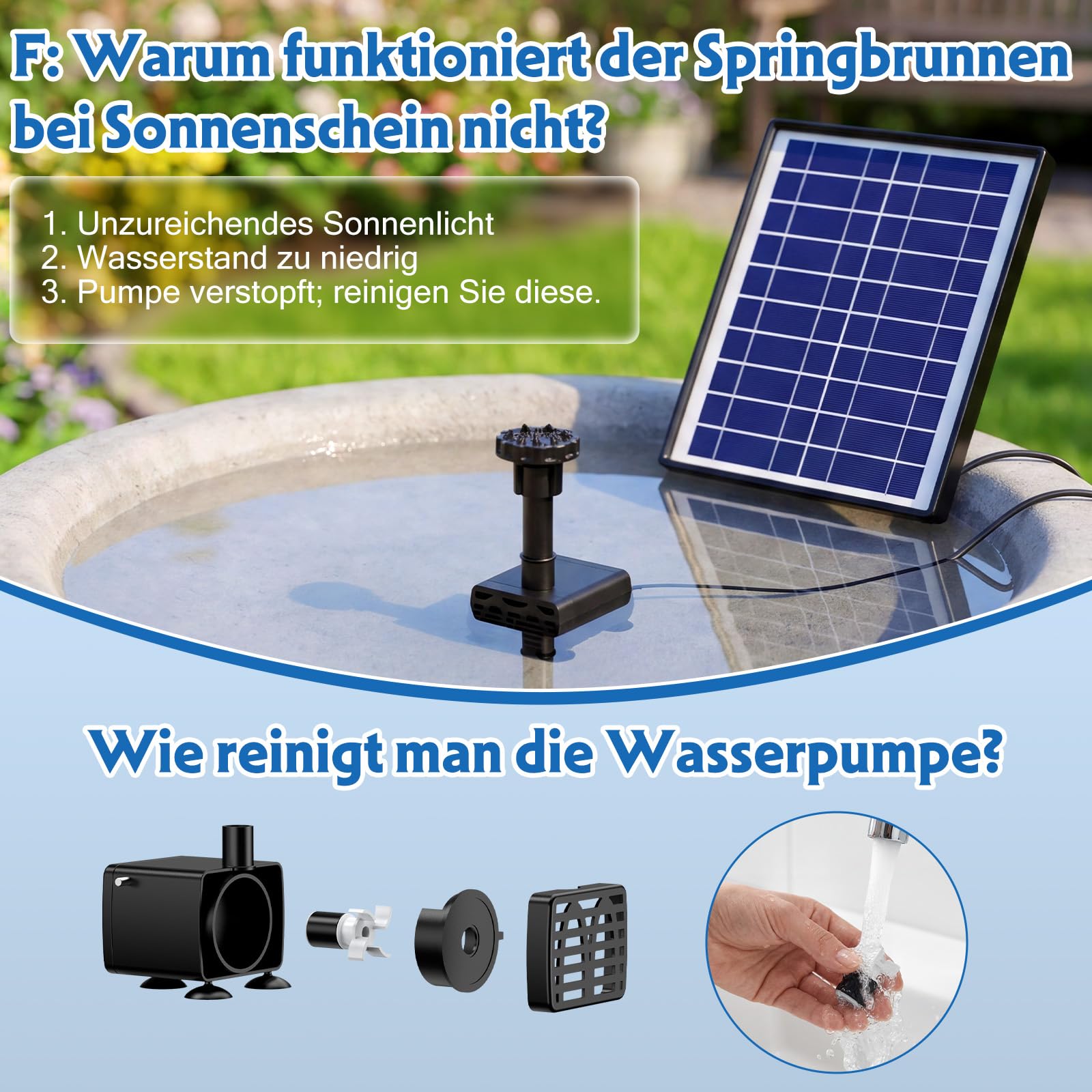 AISITIN 6,5W Solarbrunnen für Draussen, Eingebaute 1500mAh Batterie Solar Springbrunnen für Außen, Schwimmender Fontäne Pumpe mit 10 Fontänenstile für Garten,Vogel-Bad,Teich,Fisch-Behälter,Wasserspiel