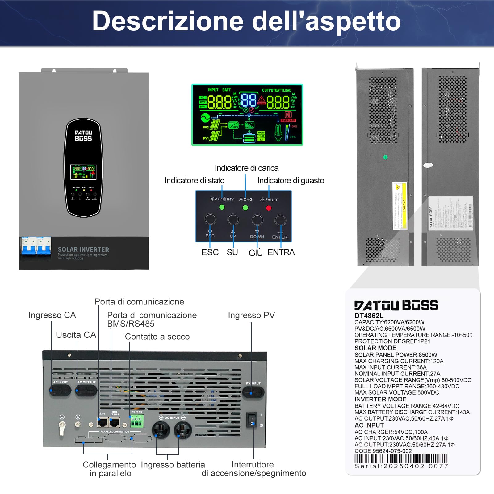 DATOUBOSS 6200W Inverter Ibrido Solare 48V, Onda Pura, Array FV fino a 8500W, Potenza Inverter FV 6500W, Protezione da Fulmini, Avvio Senza Batteria, MPPT Integrato 120A, per Sistemi Off-Grid