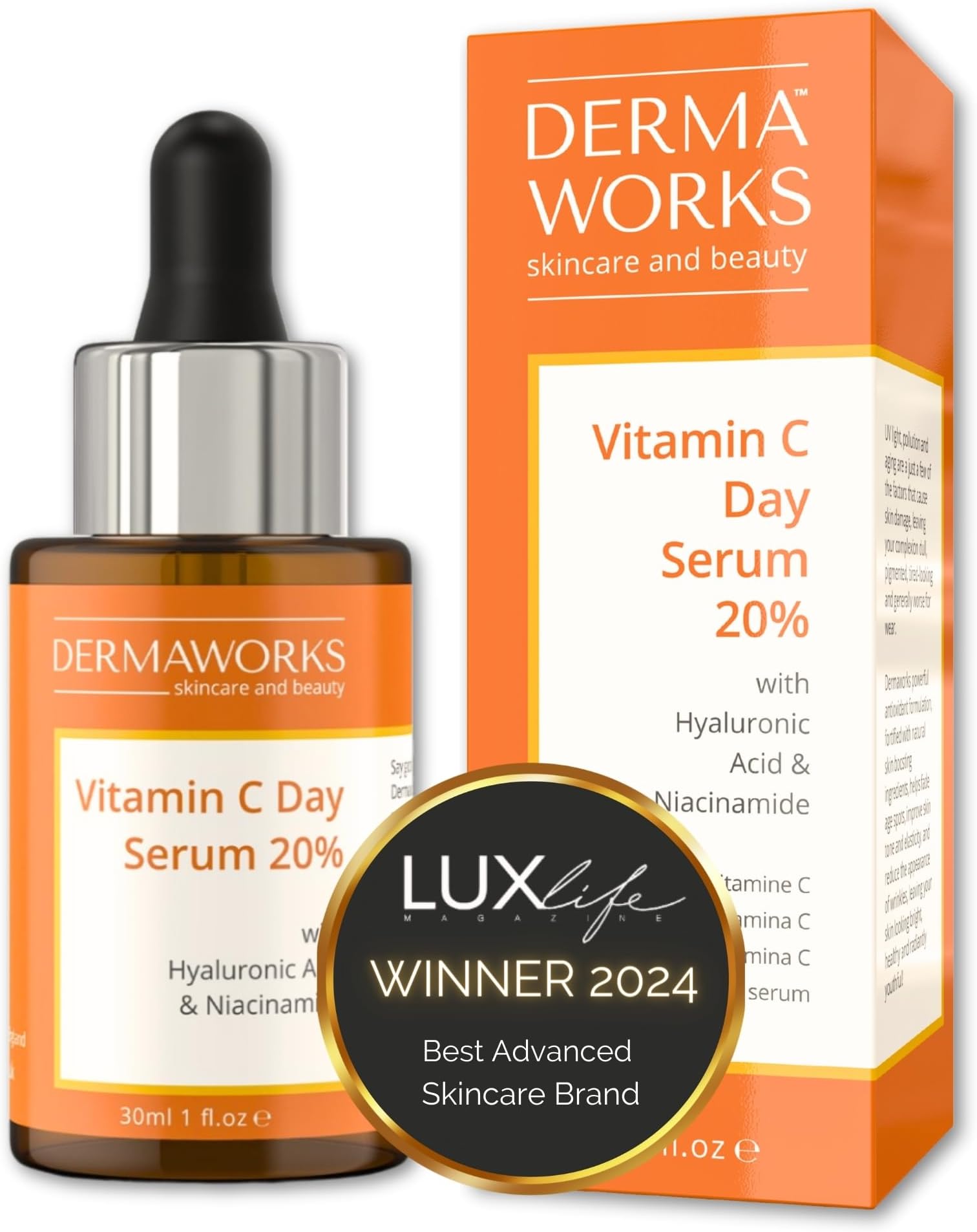 BRIGHTENING VITAMIN C SERUM with Niacinamide, Beta Glucan & Hyaluronic Acid - Anti Aging & Hydrating Vitamin Illuminating Serum & Dark Spot Corrector - Hidratante Facial for Men & Women by DERMAWORKS