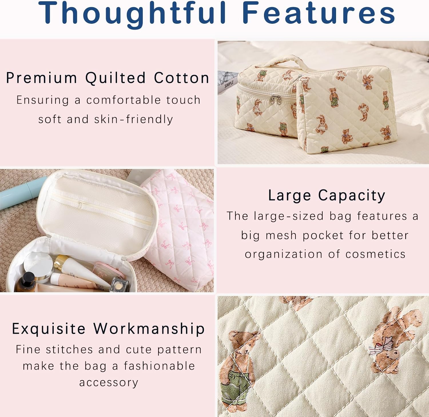 RSRSLEII 3Pcs Aesthetic Cotton Quilted Drawstring Makeup Bag Set, Aesthetic Cute Bow Makeup Pouch for Girls and Women, Aesthetic Travel Organized Cosmetic Bags for Purse(01Bear)