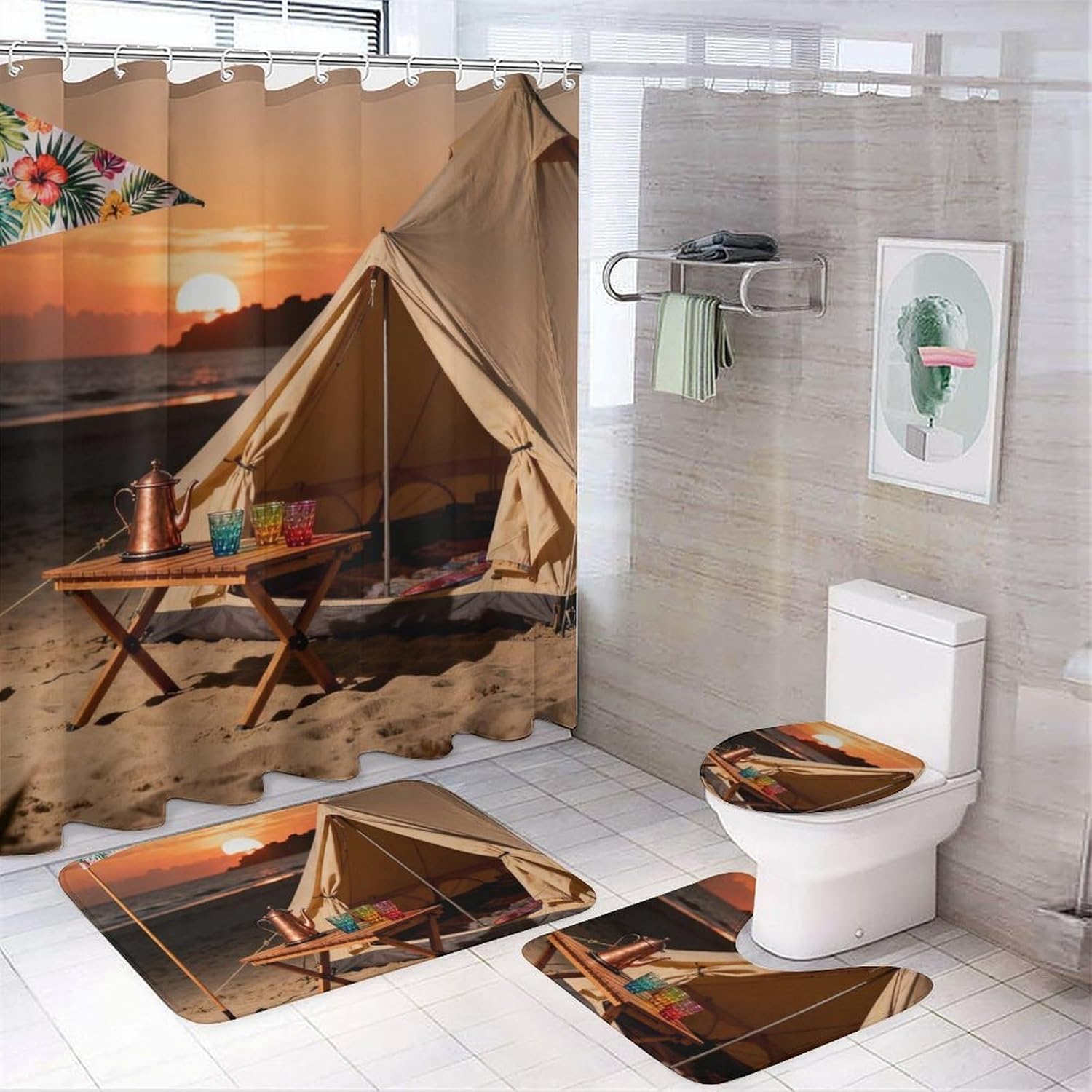 4 Piece Bathroom Rug Set with Shower Curtain, Non-Slip Bath Mat Toilet Cover Set, Afternoon Sunshine Bathroom Rug Sets