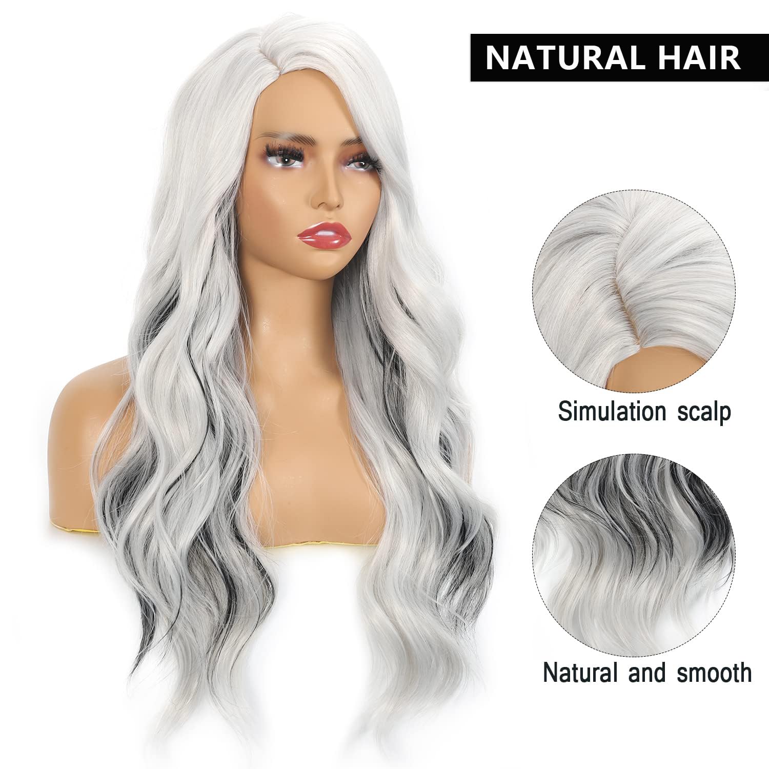 Long White Grey Wig for Women Streak Colorful Wavy Wig Side Part Wave Highlight Wavy Wigs Natural Synthetic Hair Wig for Daily Party Use