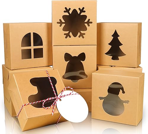 Vista 13 de COTOPHER 18 cajas de galletas de Navidad con ventana, cajas blancas de panadería de 4 x 4 x 2.5 pulgadas para regalo, mini cajas de pastel
