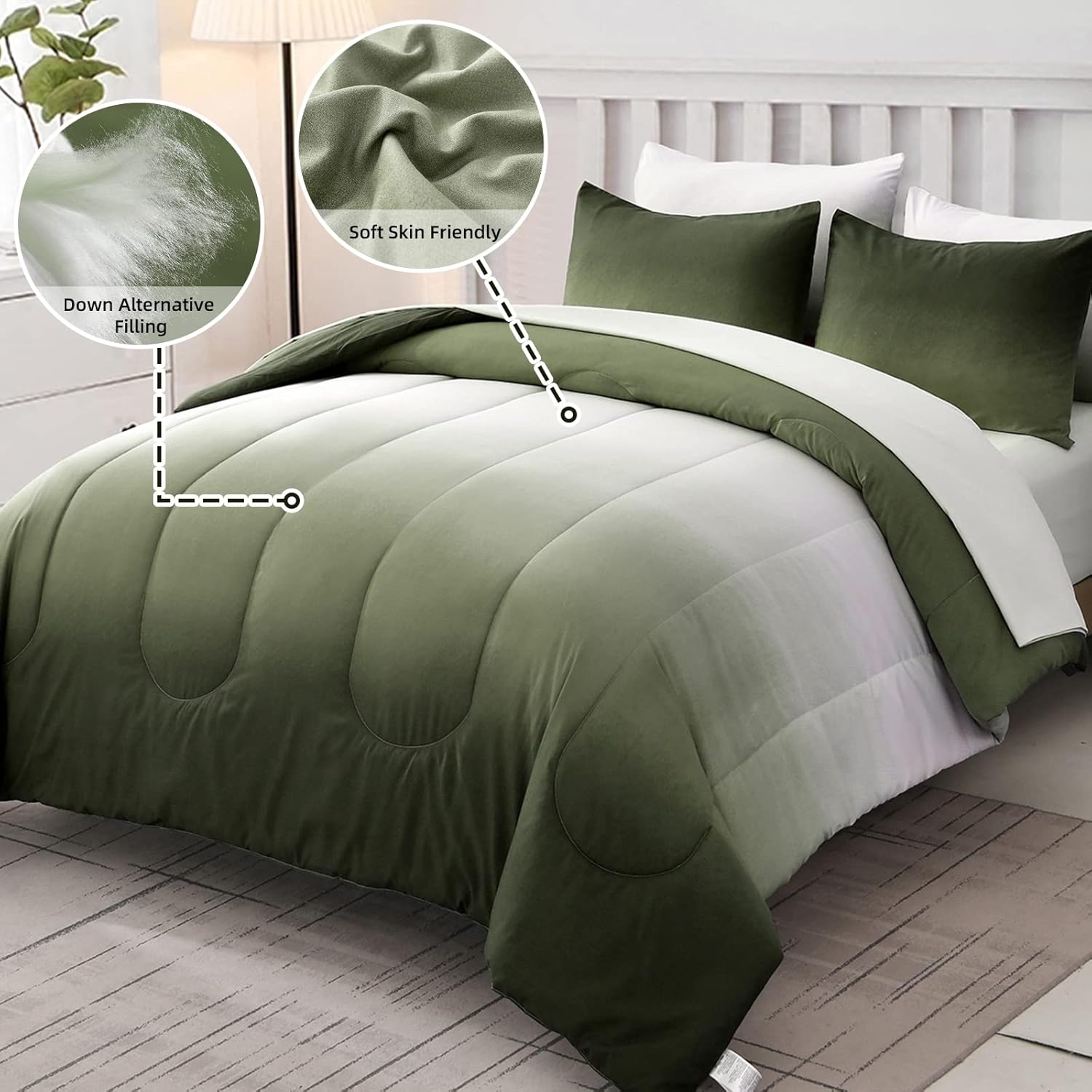 Anibedding Comforter Set Queen Green 7 Pieces Gradient Olive Green Lightweight Bed in a Bag Queen Size Set, All Season Complete Bedding Set with Flat/Fitted Sheet, Pillowcases Pillow Shams