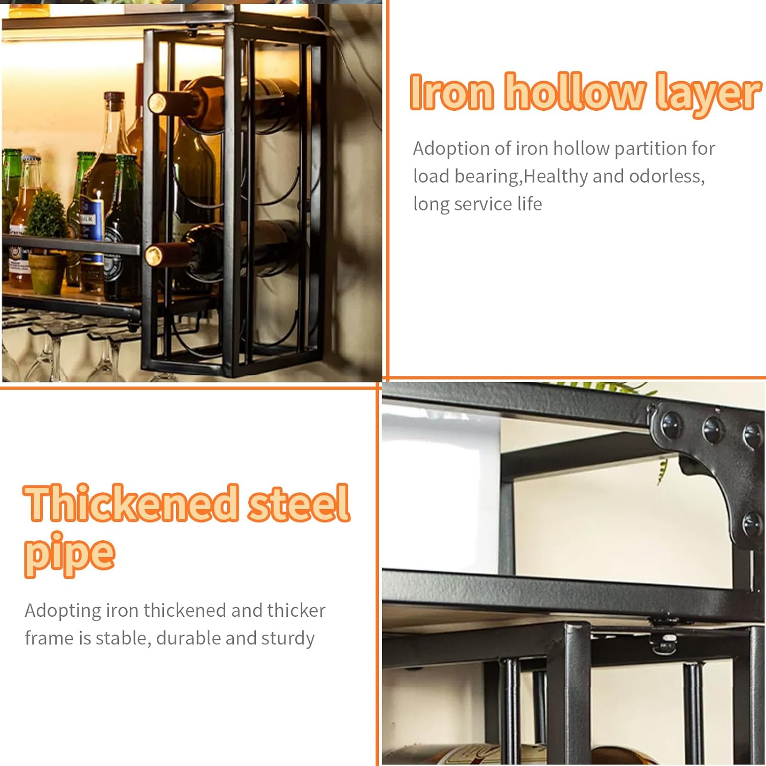 Industrial Free Standing Wine Rack 75x30x50cm, Hanging Bottle Holder for Home & Restaurant, Bar Accessories, Floating Shelf Storage, Black Commercial Wine