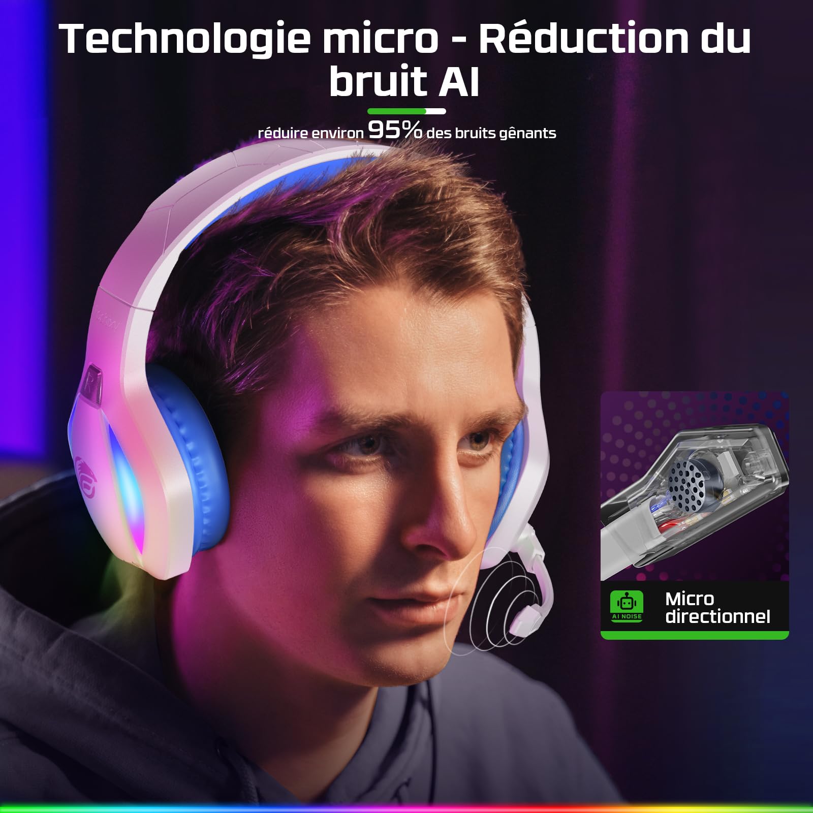 Fachixy 2024 Casque de jeu FC100 pour PS4/PS5/PC/Xbox/Nintendo Switch, casque PS4 avec câble et lumière RVB, casque surround stéréo avec microphone, casque antibruit – Blanc/bleu