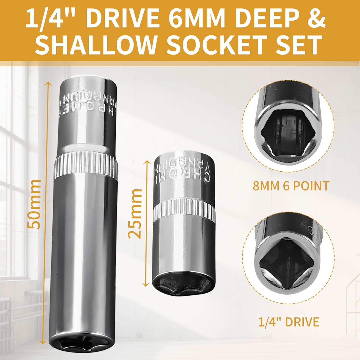 2Pcs 1/4" Drive 8mm Deep & Shallow Socket Set 6-Point CR-V Metric Impact Socket for Ratchet Torque Electric Wrenches Car Repair, Mirror Chrome Finish