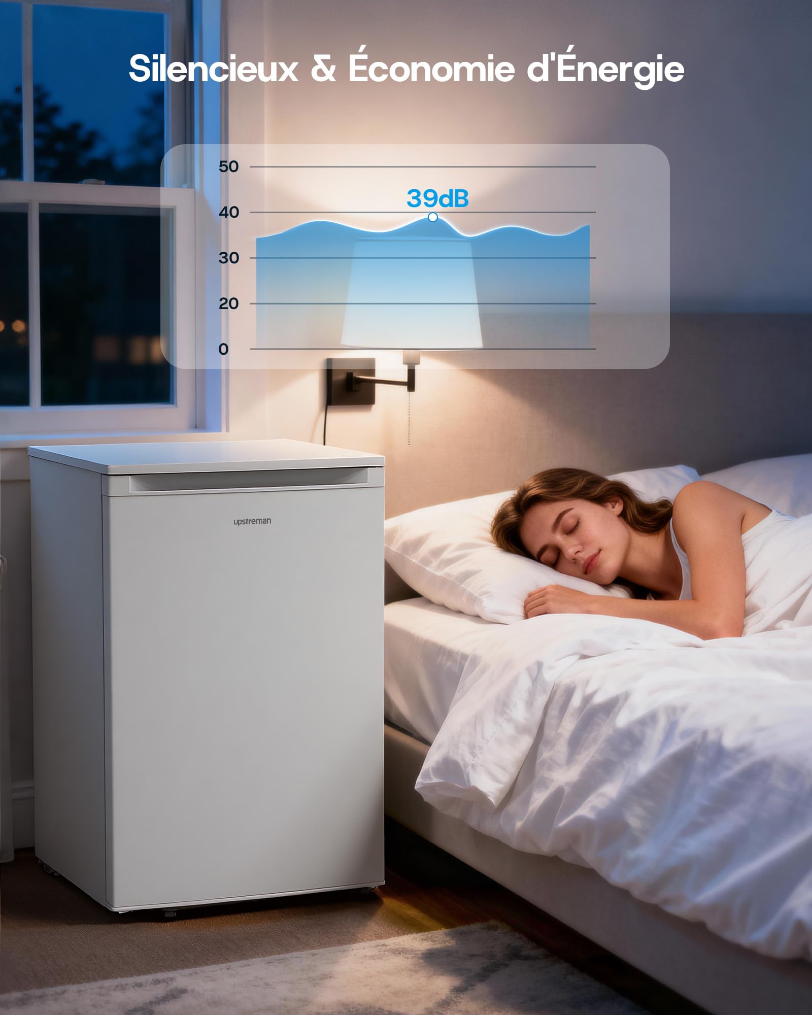 Upstreman 115L Réfrigérateur avec Congélateur (101L+14L), Petit Frigo avec Contrôle Électronique de la Température,84.7cm x 55.6cm,Éclairage LED,Porte Réversible, Petit Réfrigérateur, Blanc, CR115