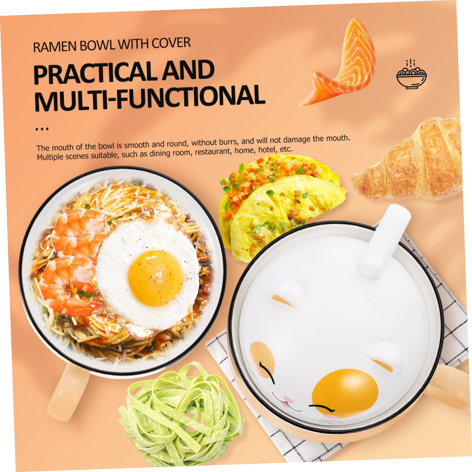 Amosfun Ciotola in Materiale Ceramico Gialla a Forma di Gatto Capacità 1020ml Multiuso senza Sbavature per Zuppa e Riso in Casa o Hotel