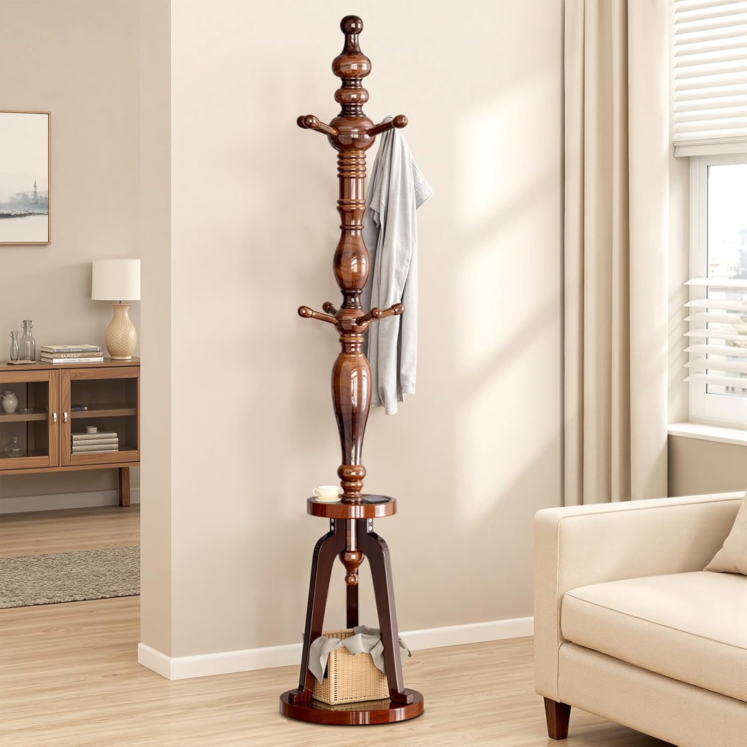 Coat Rack Freestanding with 8 Hooks & Storage Shelf, Wooden Hall Tree Coat Hanger Stand, Heavy Duty Entryway Organizer with 220 LB Load Capacity, Sturdy Wood Coat Tree for Entryway Hallway Office Home