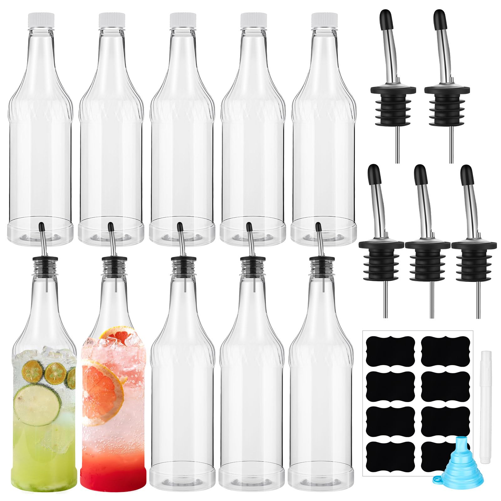 Photo 1 of Dandat 20 Pcs 32 oz Plastic Long Neck Bottles with Pourer and Caps Plastic Juice Pour Bottles with Stainless Steel Pourer Tapered Spout for Liquor Juice Store (Sliver)