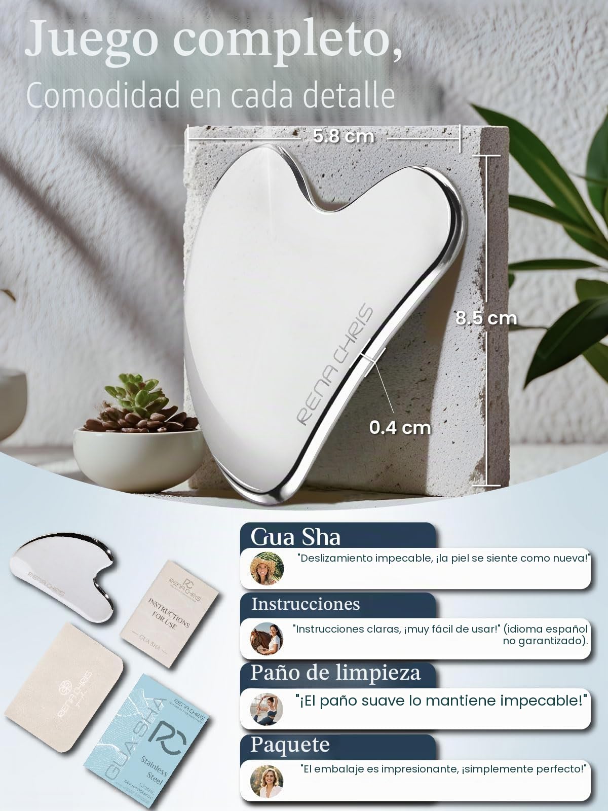 Rena Chris Gua Sha Facial Masajeador,Piedra GuaSha de Acero Inoxidable para Esculpir la Línea de la Mandíbula, Eliminar las Bolsas de los Ojos, Regalos para el Cuidado de la Piel(Plata)