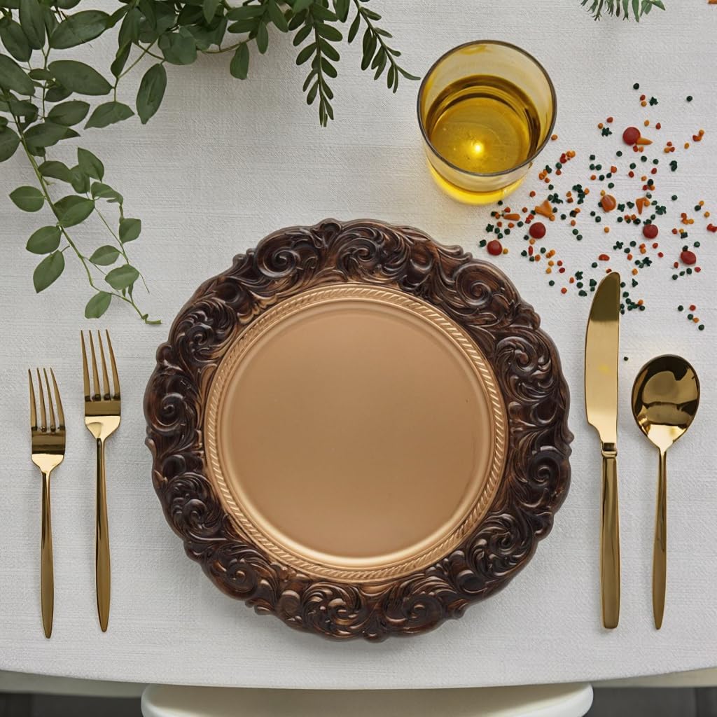 Xiangjin 12-piece antique-style round charging plates, plastic dinner decorative plates with embossed floral design, suitable for wedding, birthday party, and other event table decorations