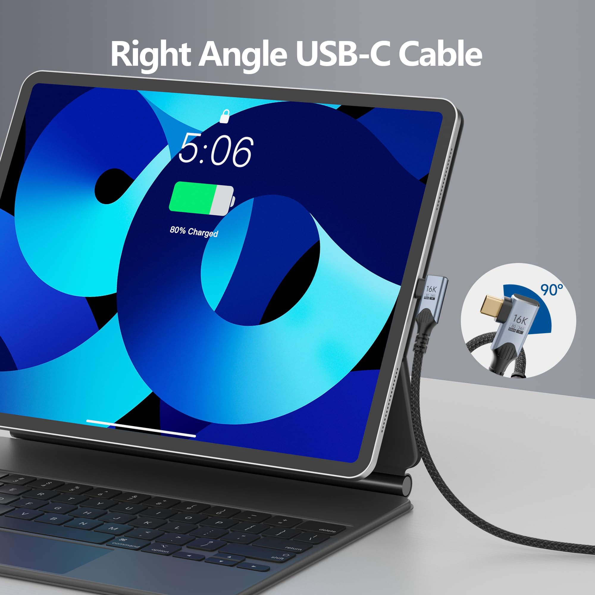 cable datos usb c largo 3 M Compatible con thunderbolt 5/4 90 grados ,Tasa de Transferencia 80Gbps,HD 16K@60Hz/8K@120hz 240W cable usb c carga rapida,para Monitor, portátiles Type-C, hub,Docking.