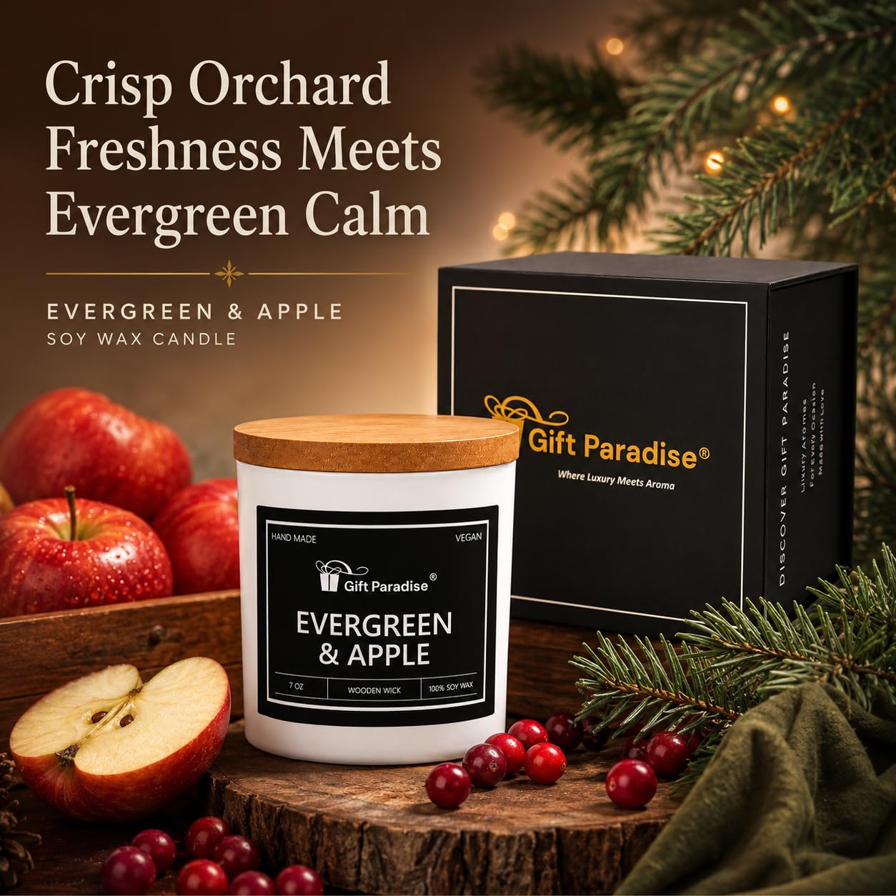Gift Paradise® Evergreen & Apple Bougie de soja 200 ml Boîte cadeau magnétique