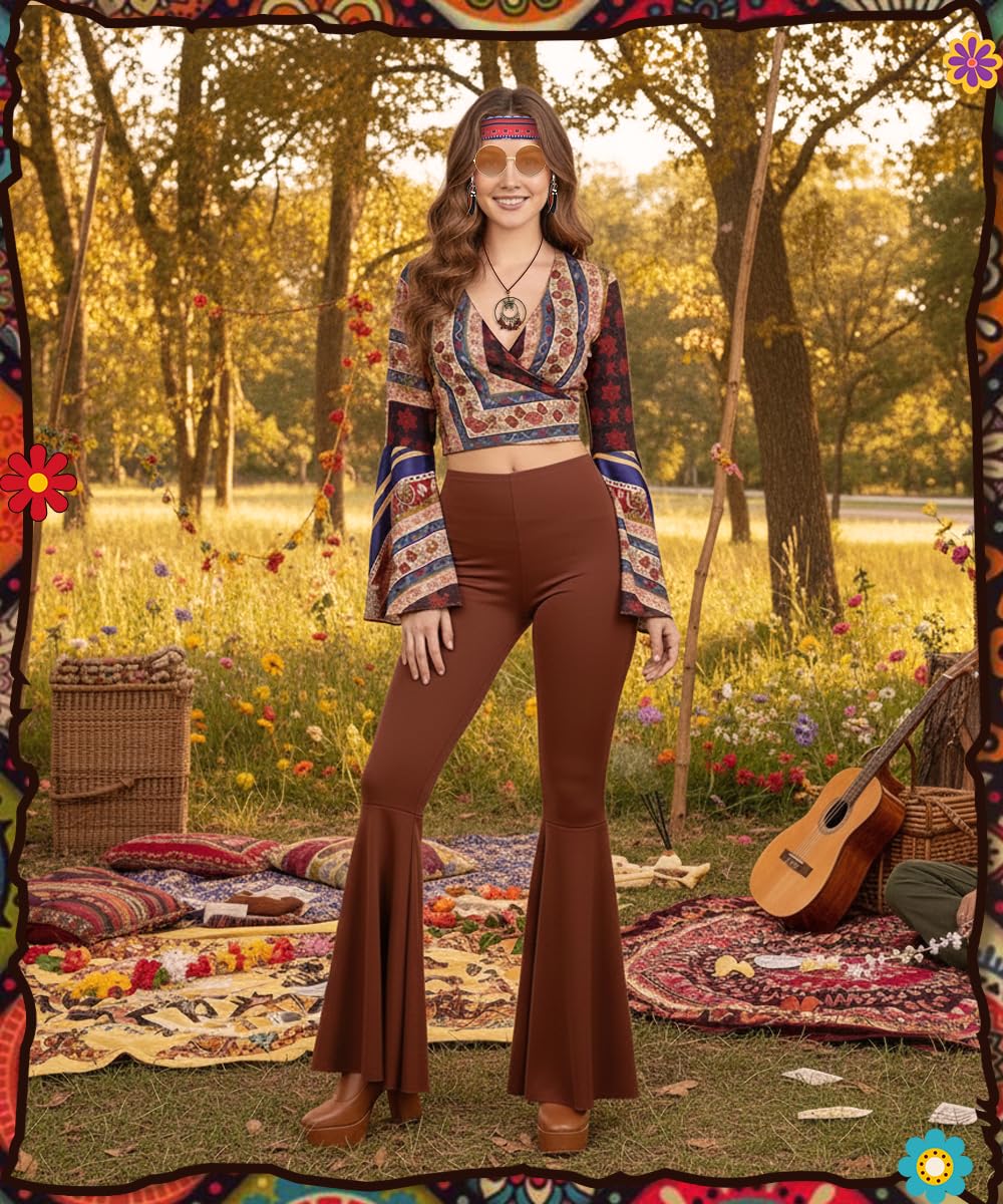 Costume Hippie Donna, Vestiti Hippie e Accessori Bohémien, Costume Anni 60 70 con Maniche a Campana, Abbigliamento Anni 70 per Carnevale, Halloween, Feste Retrò
