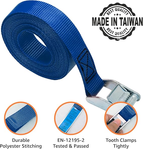 Amazon Basics Tie-Down Straps, 2.5 m Long, 25mm Wide, 150kg Load Capacity - Blue (4-Pack)