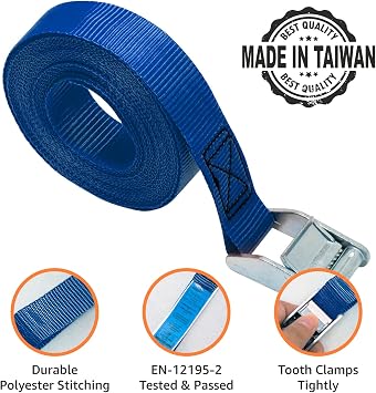 Amazon Basics Tie-Down Straps, 2.5 m Long, 25mm Wide, 150kg Load Capacity - Blue (4-Pack)