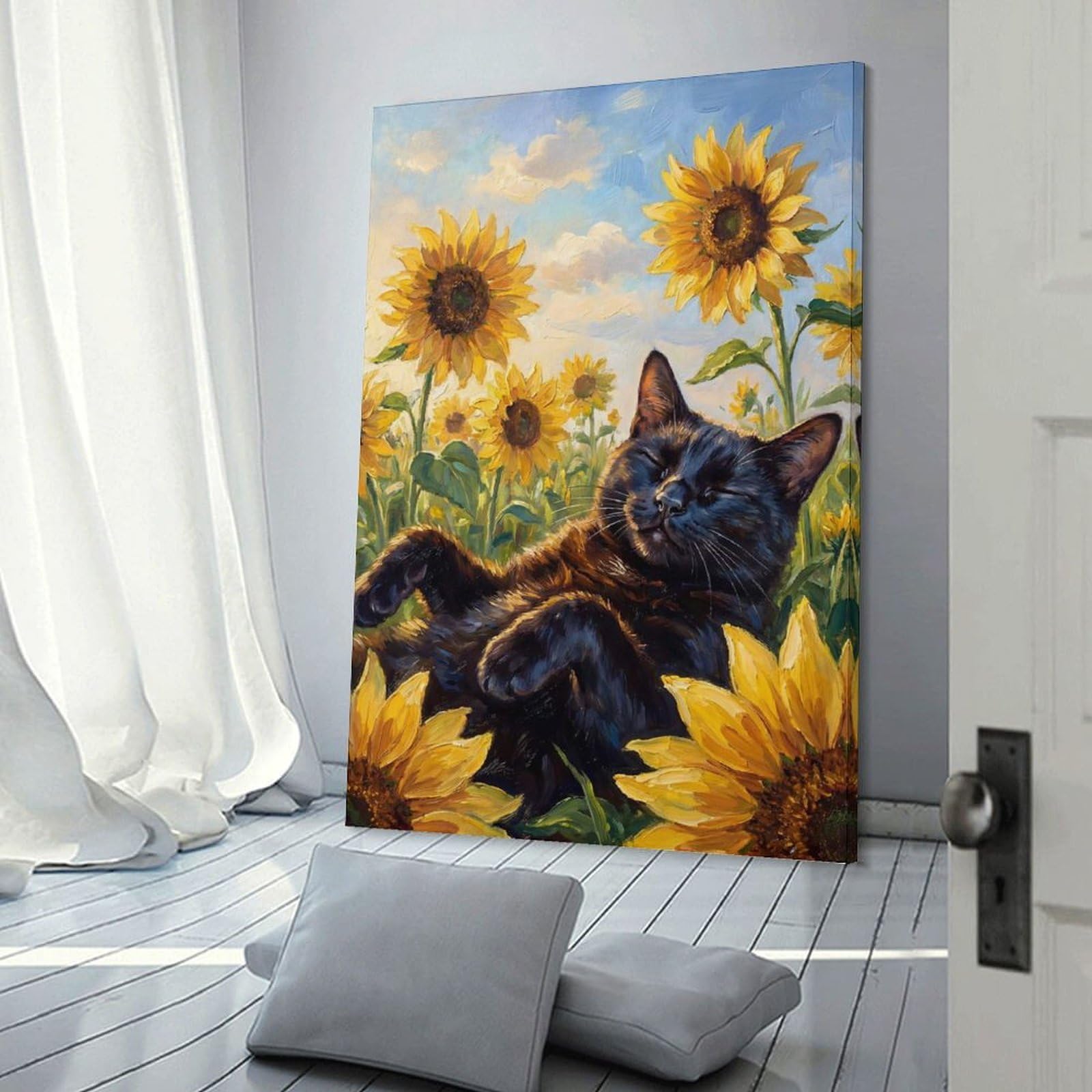 Junmoney Wall Decor Canvas Print Black Cat in Sunflowers, 16x24inch(40x60cm), for Bedroom, Lounge Or Dressing Area, Stylish Decor for A Restful Room Update