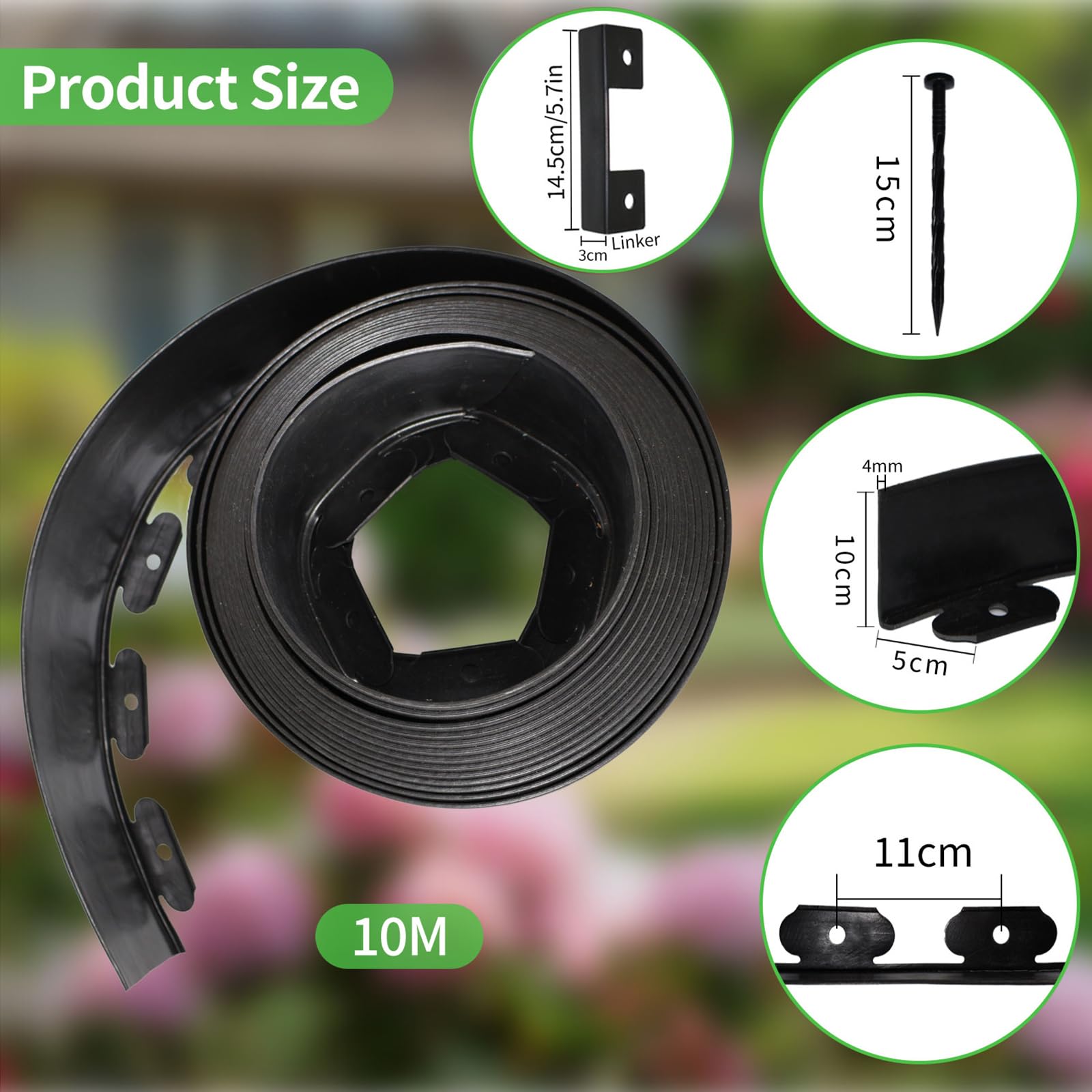 Bordure Jardin Exterieur, Bordure de Jardin Flexible Plastique 10cmx10m, Comprend 30 Pointes d'ancrage et 1 connecteurs Inclus, avec Une Paire de Gants, Bordures Jardin Décorative (Noir, 10cmx10m)