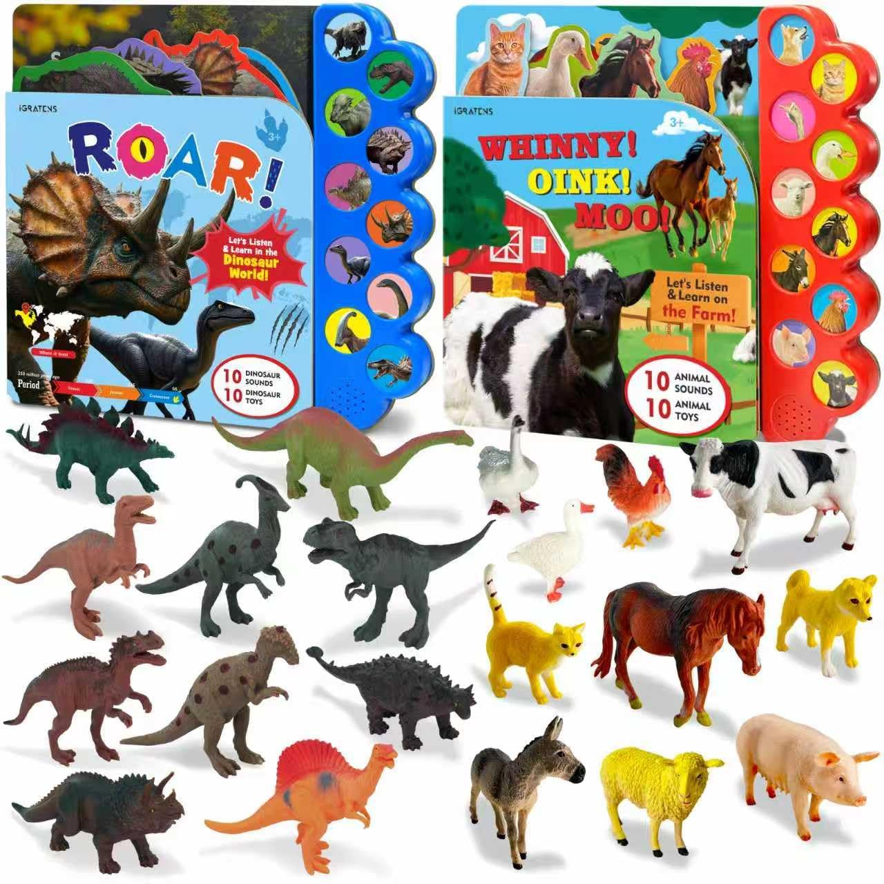 Dinosaur Toys with Sound Books & Farm Animals Figures Toy with Sound Book, Board Book with 10 Buttons & 20 PCS Truck Toys & Animals for 3+ Year Old