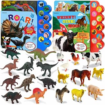 iGRATENS Dinosaur Toys with Sound Books & Farm Animals Figures Toy with Sound Book, Board Book with 10 Buttons & 20 PCS Truck Toys & Animals for 3+ Year Old