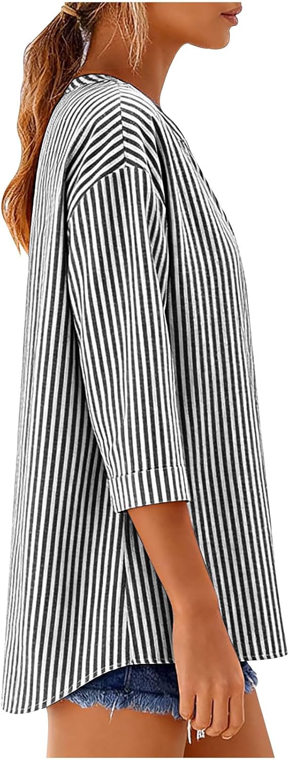 SMIDOW Linen Tops For Women - Striped 3/4 Sleeve v Neck Button Down Shirts Casual Loose Spring Summer Blouses Trendy 2026 - Image 4